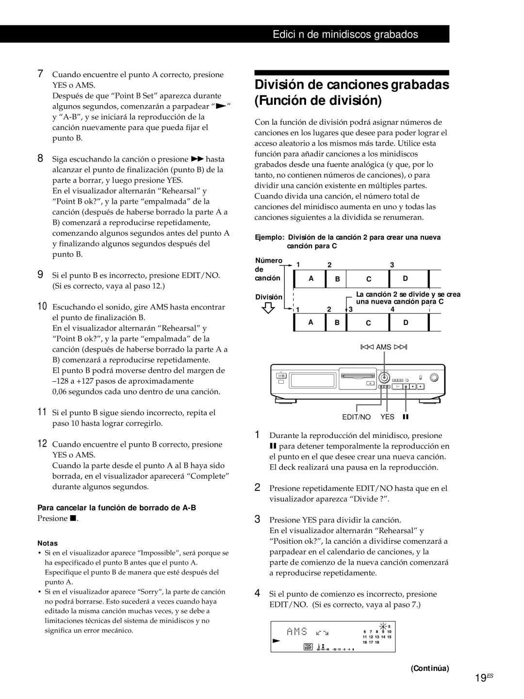 Sony MDS-JE320 manual División de canciones grabadas Función de división, Para cancelar la función de borrado de A-B 