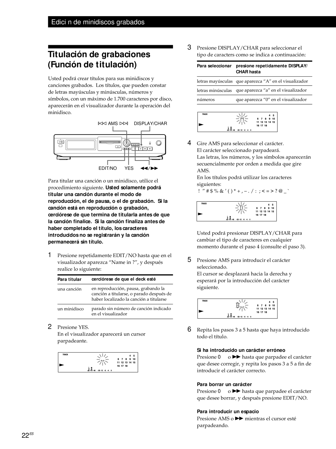 Sony MDS-JE320 manual Titulación de grabaciones Función de titulación, Si ha introducido un carácter erróneo 