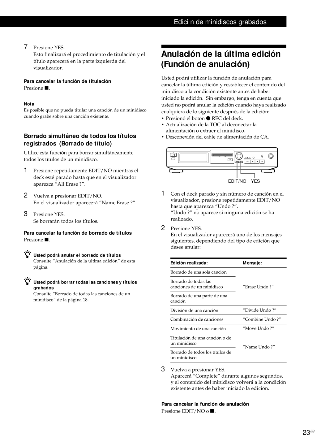 Sony MDS-JE320 manual Anulación de la última edición Función de anulación, Para cancelar la función de titulación 