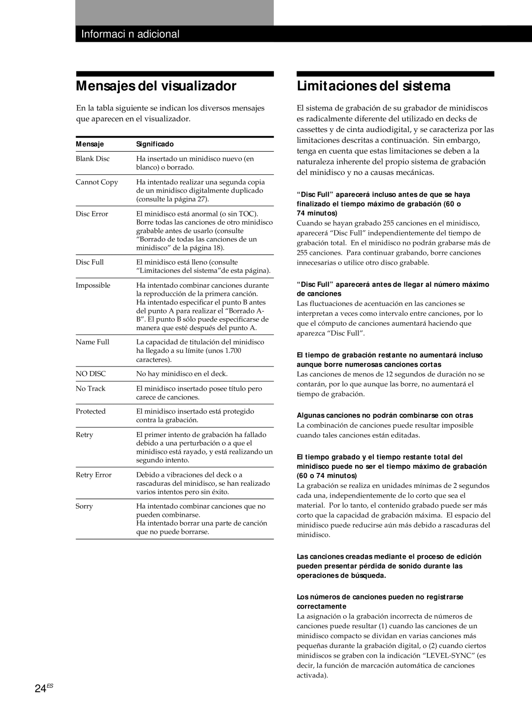 Sony MDS-JE320 manual Mensajes del visualizador, Limitaciones del sistema, Mensaje Significado 