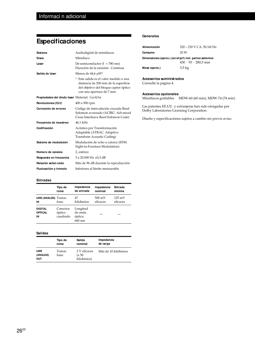 Sony MDS-JE320 manual Especificaciones 