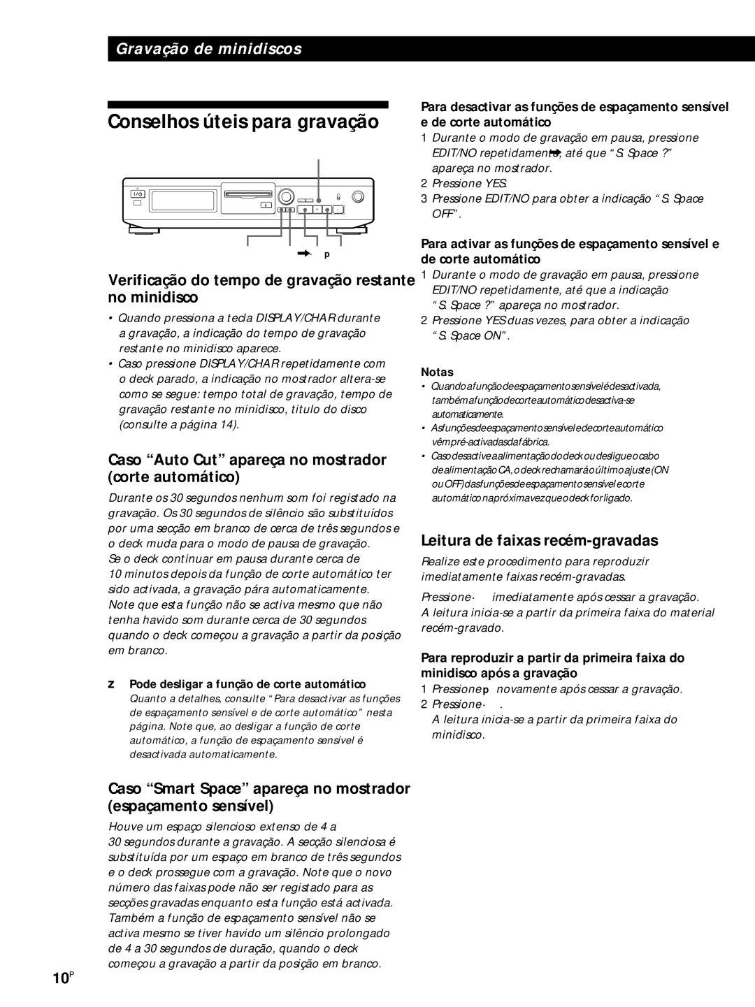 Sony MDS-JE320 manual Conselhos úteis para gravação, Verificação do tempo de gravação restante no minidisco 