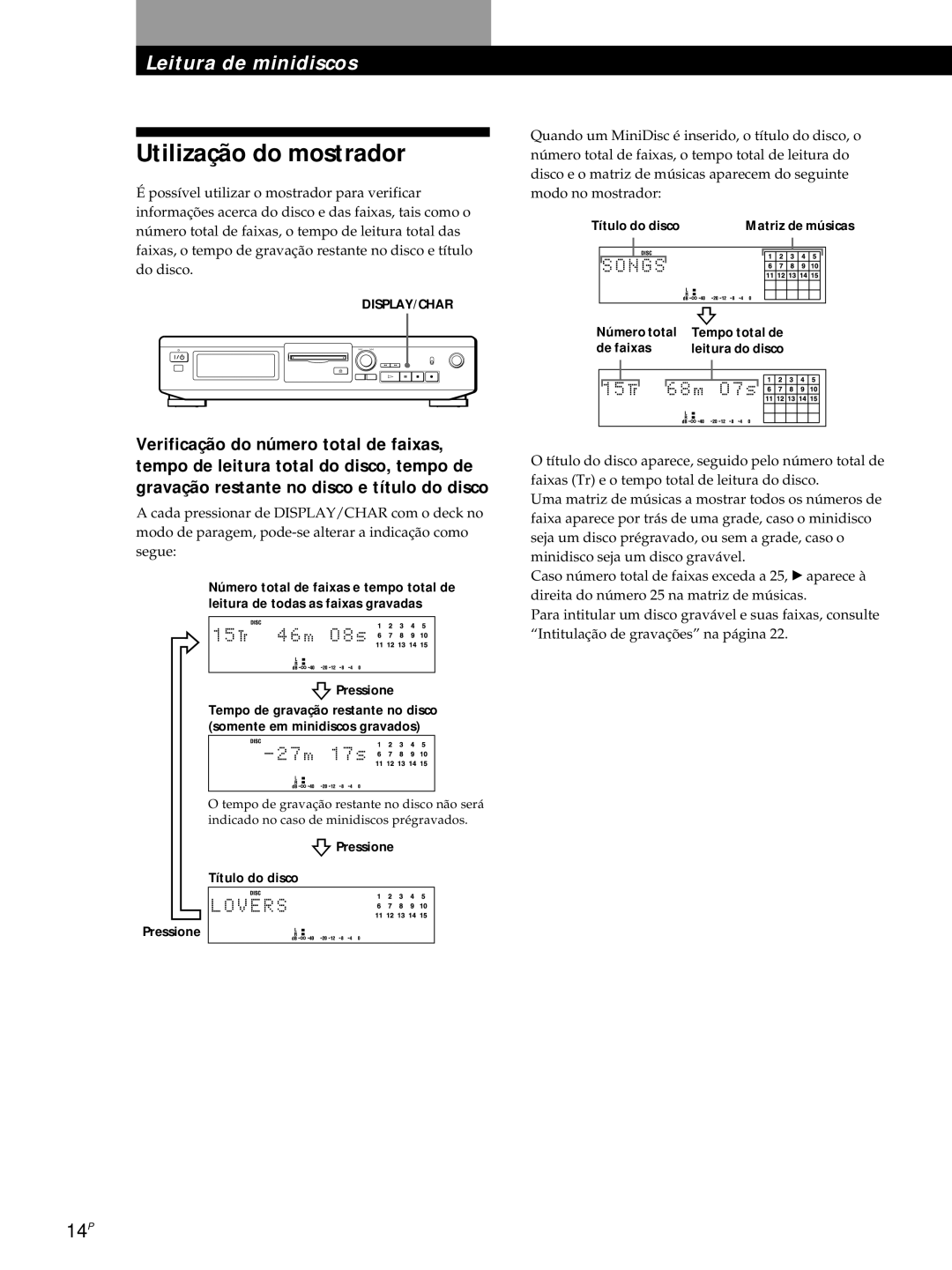 Sony MDS-JE320 manual Utilização do mostrador 