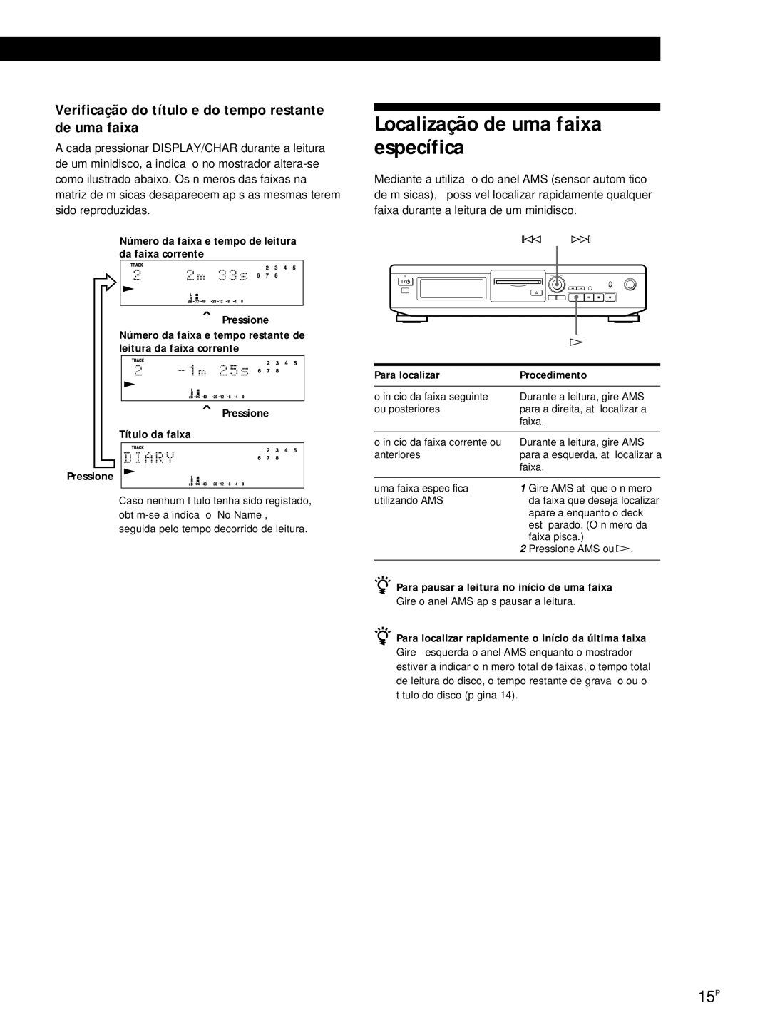 Sony MDS-JE320 manual Localização de uma faixa específica, Verificação do título e do tempo restante de uma faixa 