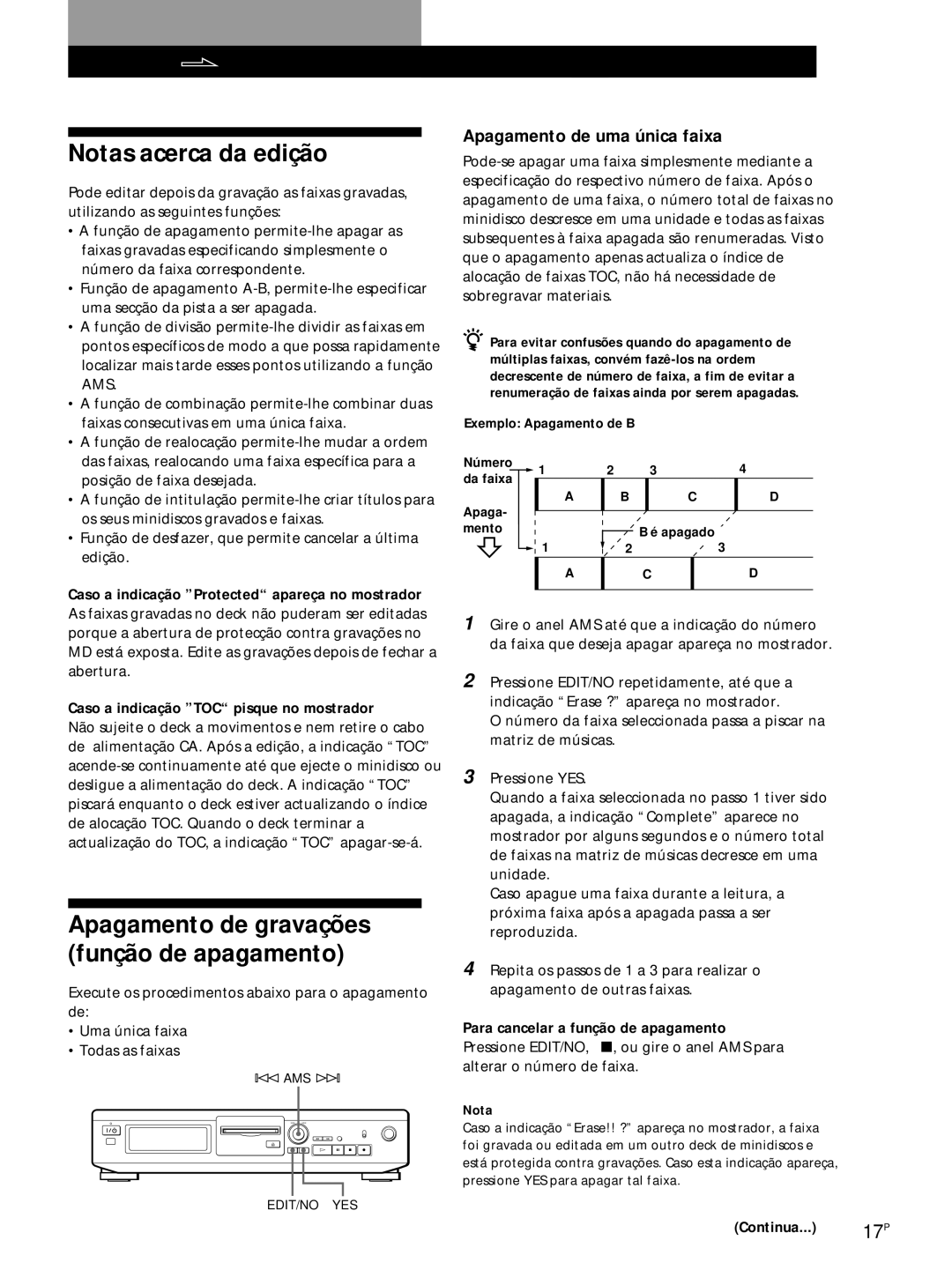 Sony MDS-JE320 manual Notas acerca da edição, Apagamento de gravações função de apagamento, Apagamento de uma única faixa 