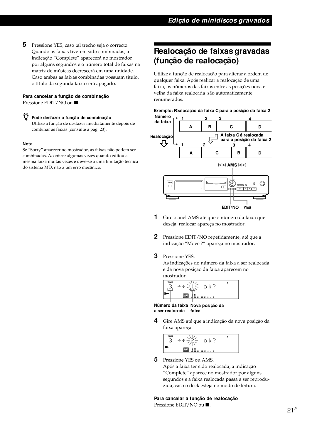 Sony MDS-JE320 manual Realocação de faixas gravadas função de realocação, Para cancelar a função de combinação 