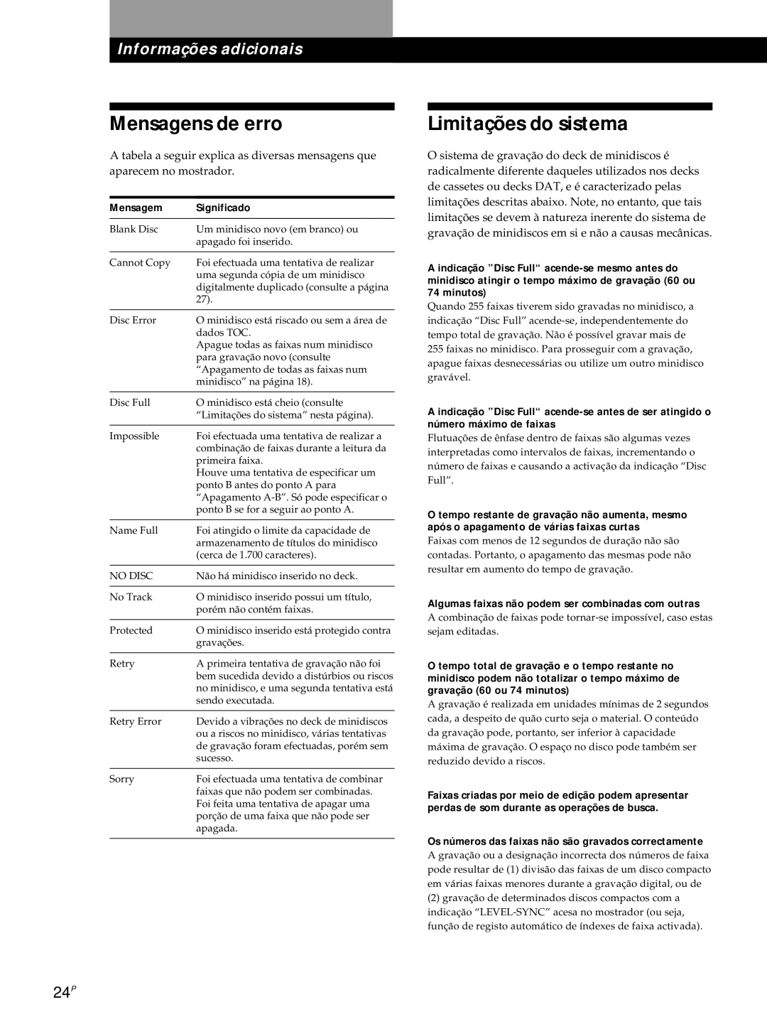 Sony MDS-JE320 manual Mensagens de erro, Limitações do sistema, Mensagem Significado 