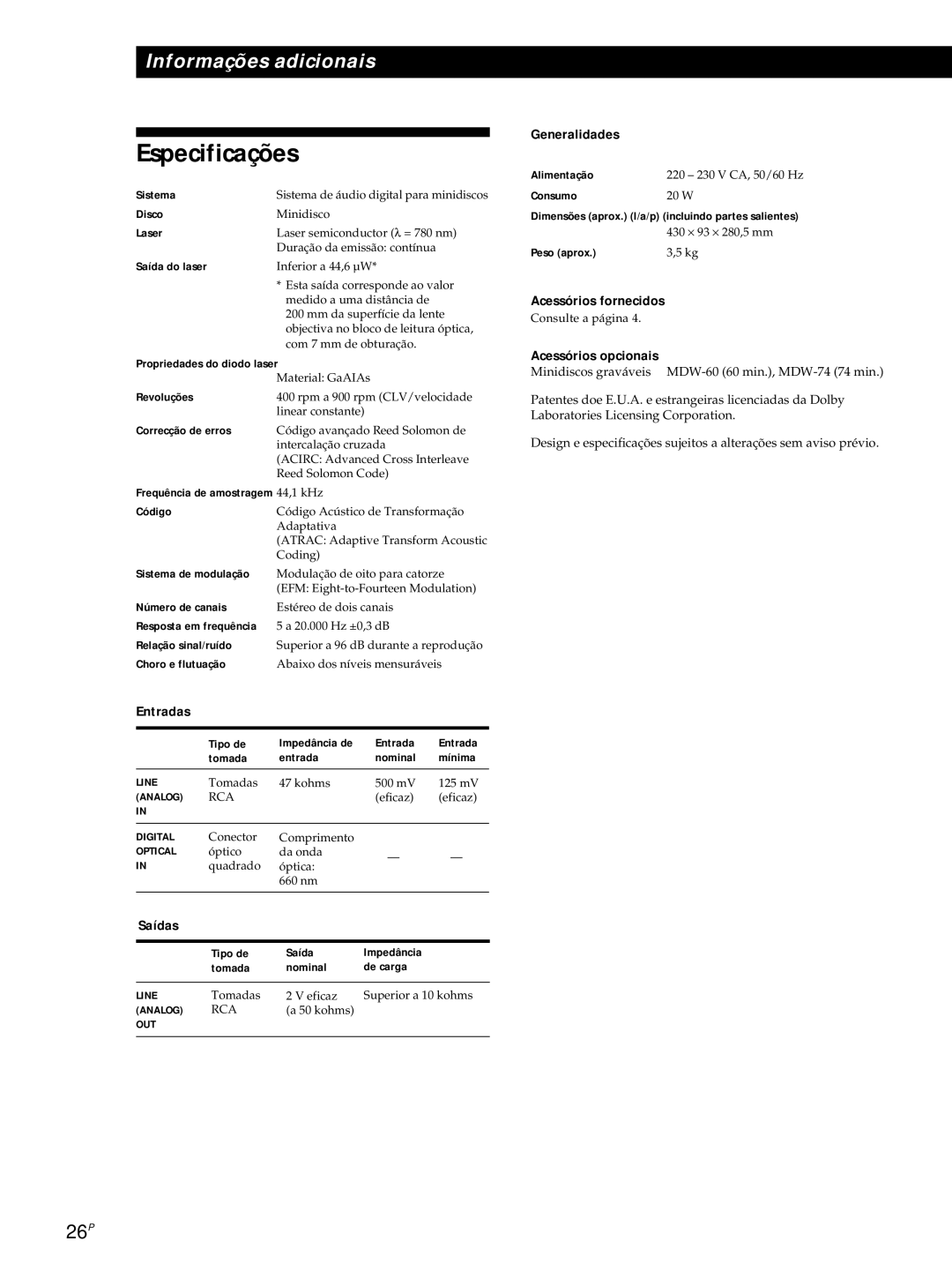 Sony MDS-JE320 manual Especificações, Saídas, Generalidades, Acessórios fornecidos, Acessórios opcionais 