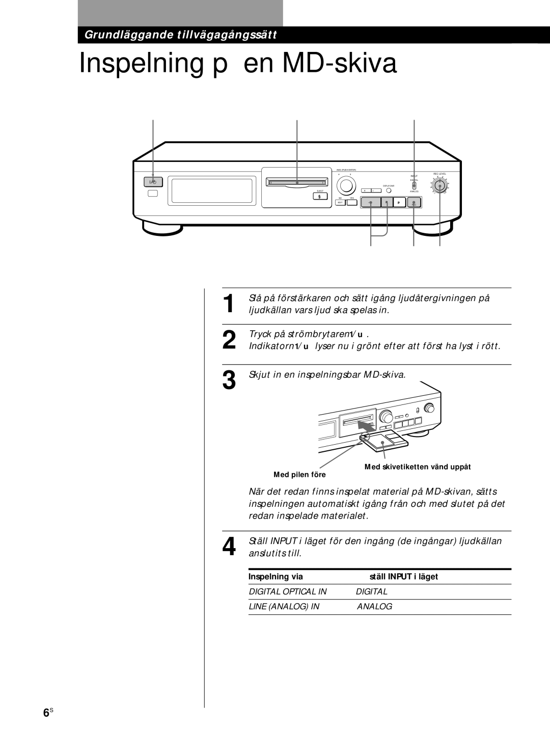 Sony MDS-JE320 manual Inspelning på en MD-skiva, Inspelning via Ställ Input i läget 