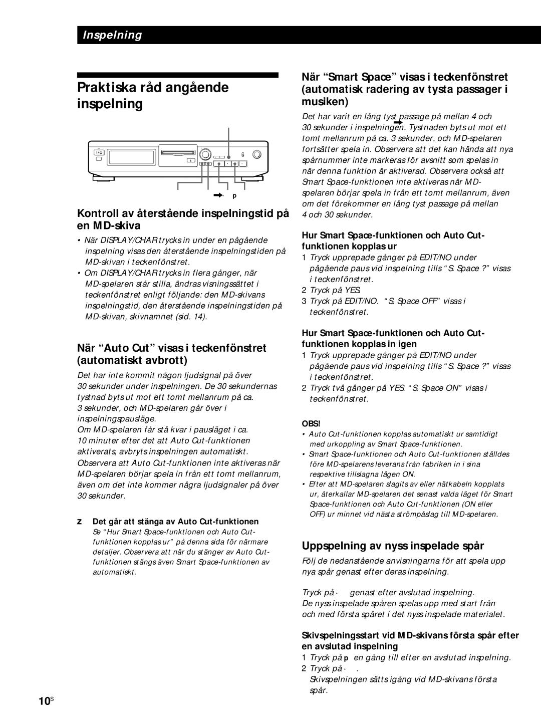 Sony MDS-JE320 manual Praktiska råd angående inspelning, Kontroll av återstående inspelningstid på en MD-skiva 