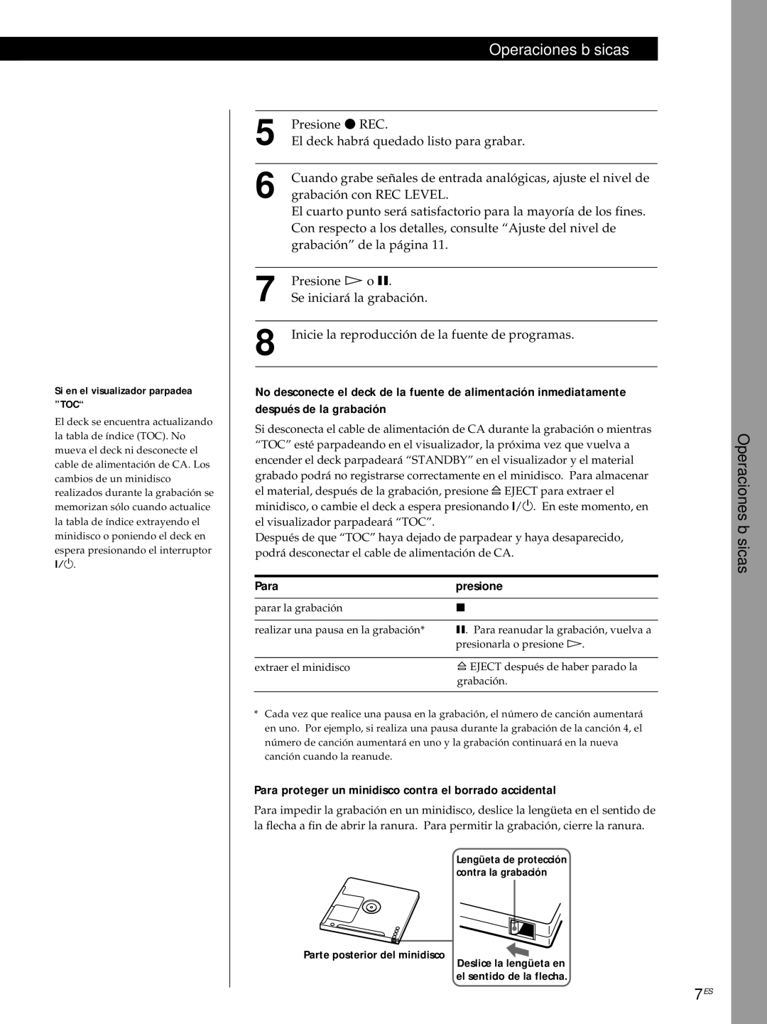 Sony MDS-JE320 manual Para proteger un minidisco contra el borrado accidental, Para Presione 