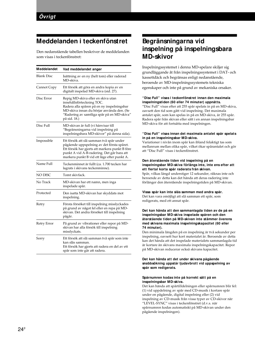 Sony MDS-JE320 manual Meddelanden i teckenfönstret, Begränsningarna vid inspelning på inspelningsbara MD-skivor 