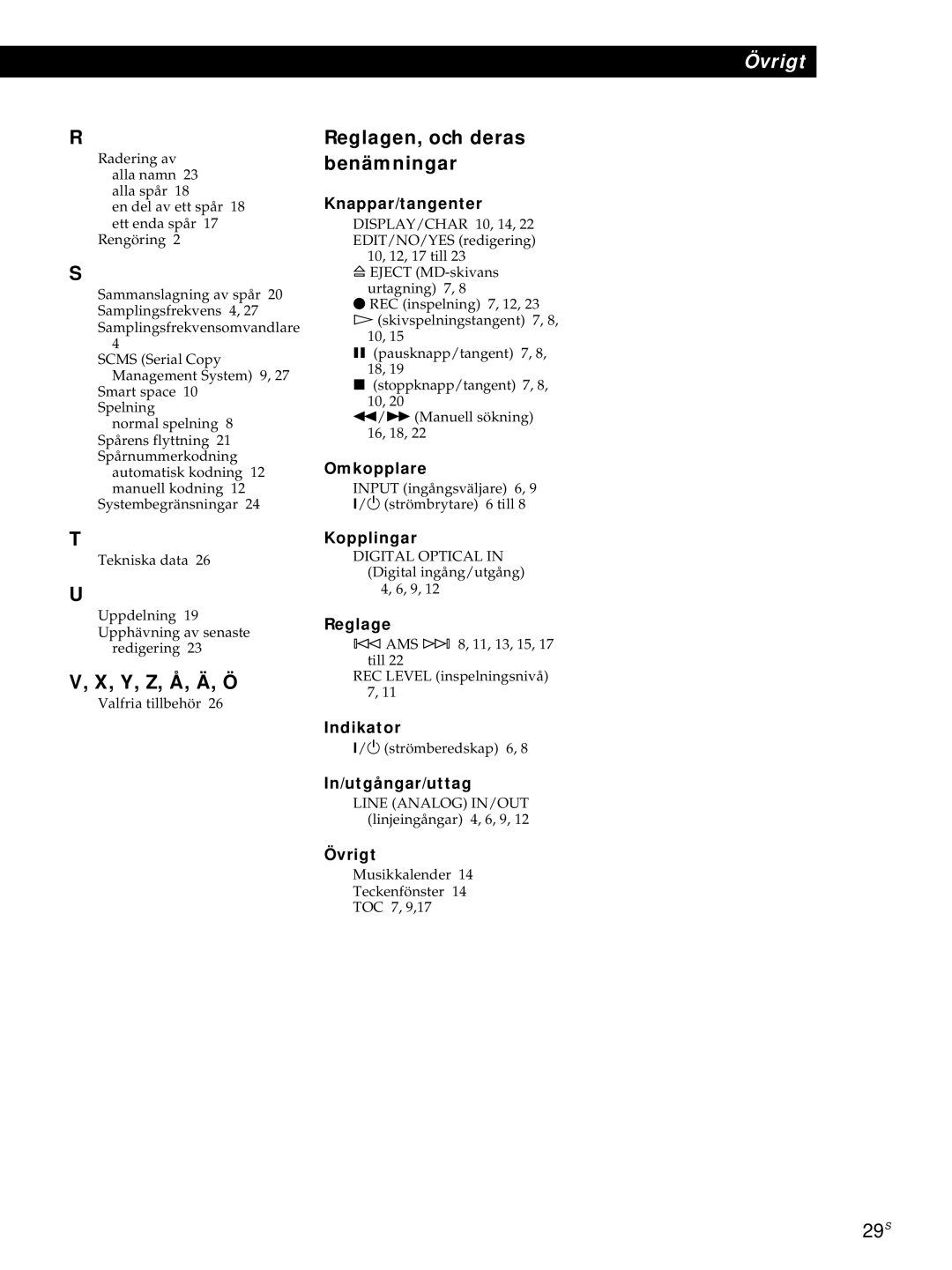 Sony MDS-JE320 manual Reglagen, och deras benämningar, Y, Z, Å, Ä, Ö 