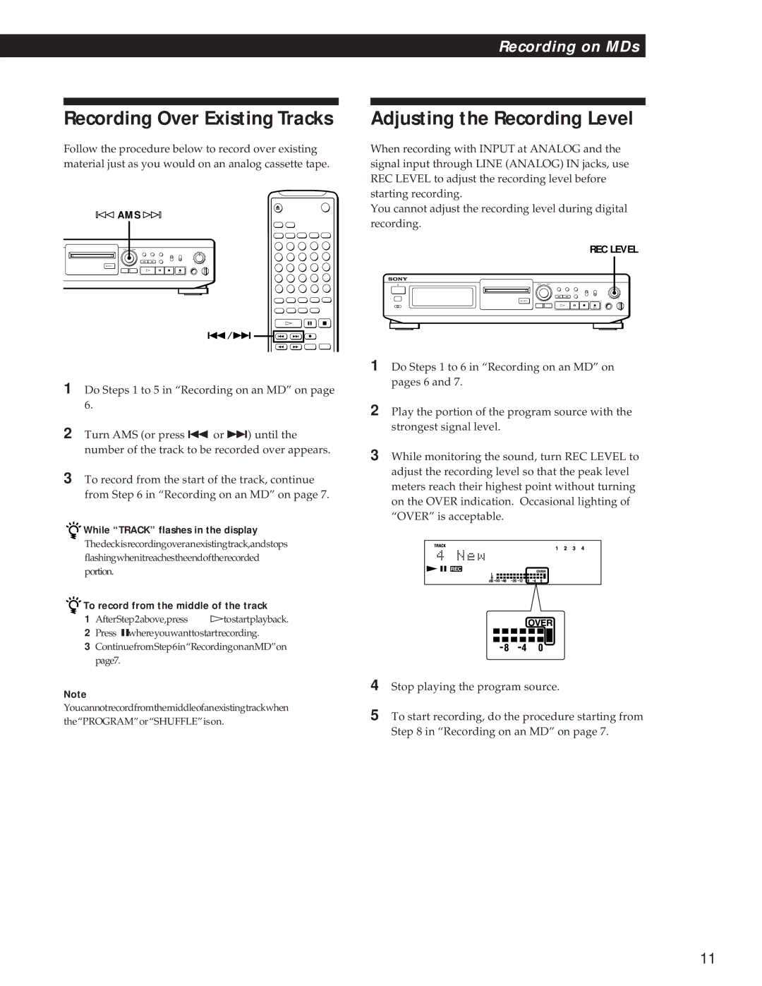 Sony MDS-JE500 Recording Over Existing Tracks, Adjusting the Recording Level, While Track flashes in the display 