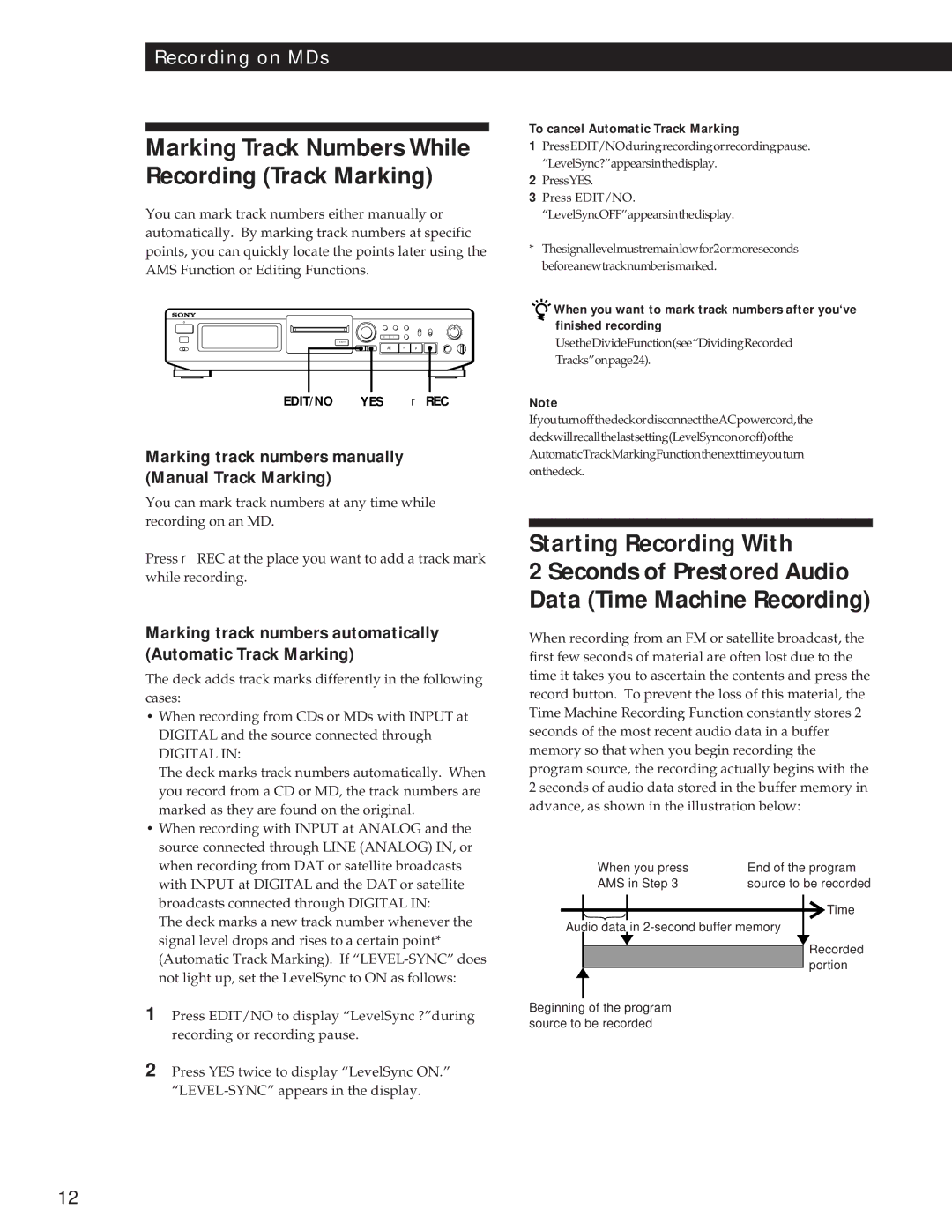 Sony MDS-JE500 Marking Track Numbers While Recording Track Marking, To cancel Automatic Track Marking 