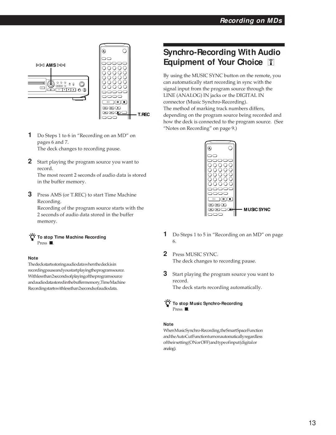 Sony MDS-JE500 operating instructions To stop Time Machine Recording, To stop Music Synchro-Recording 