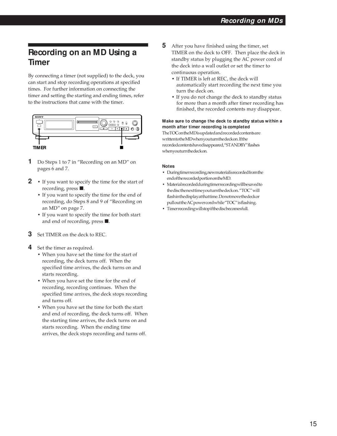 Sony MDS-JE500 operating instructions Recording on an MD Using a Timer 