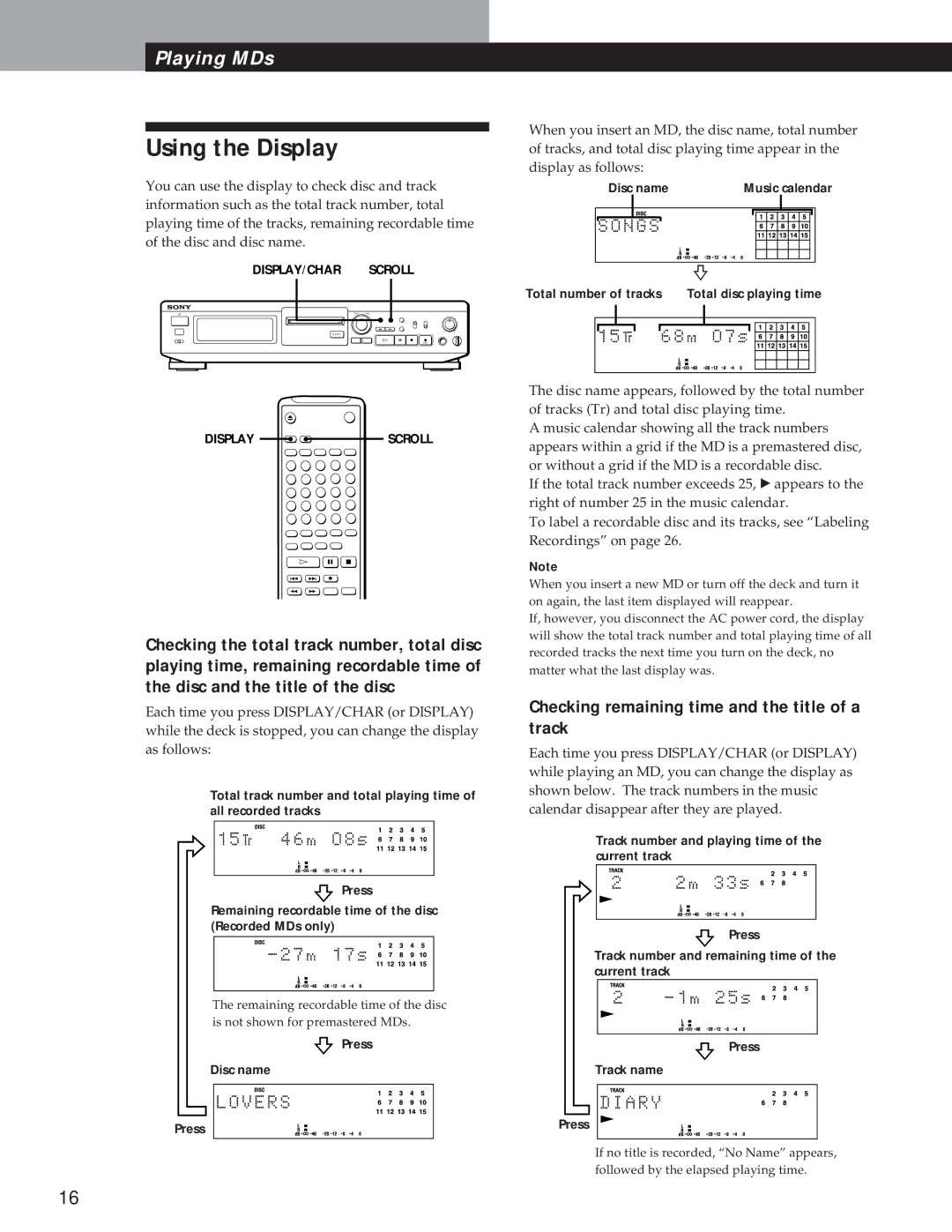 Sony MDS-JE500 operating instructions Using the Display, Checking remaining time and the title of a track 