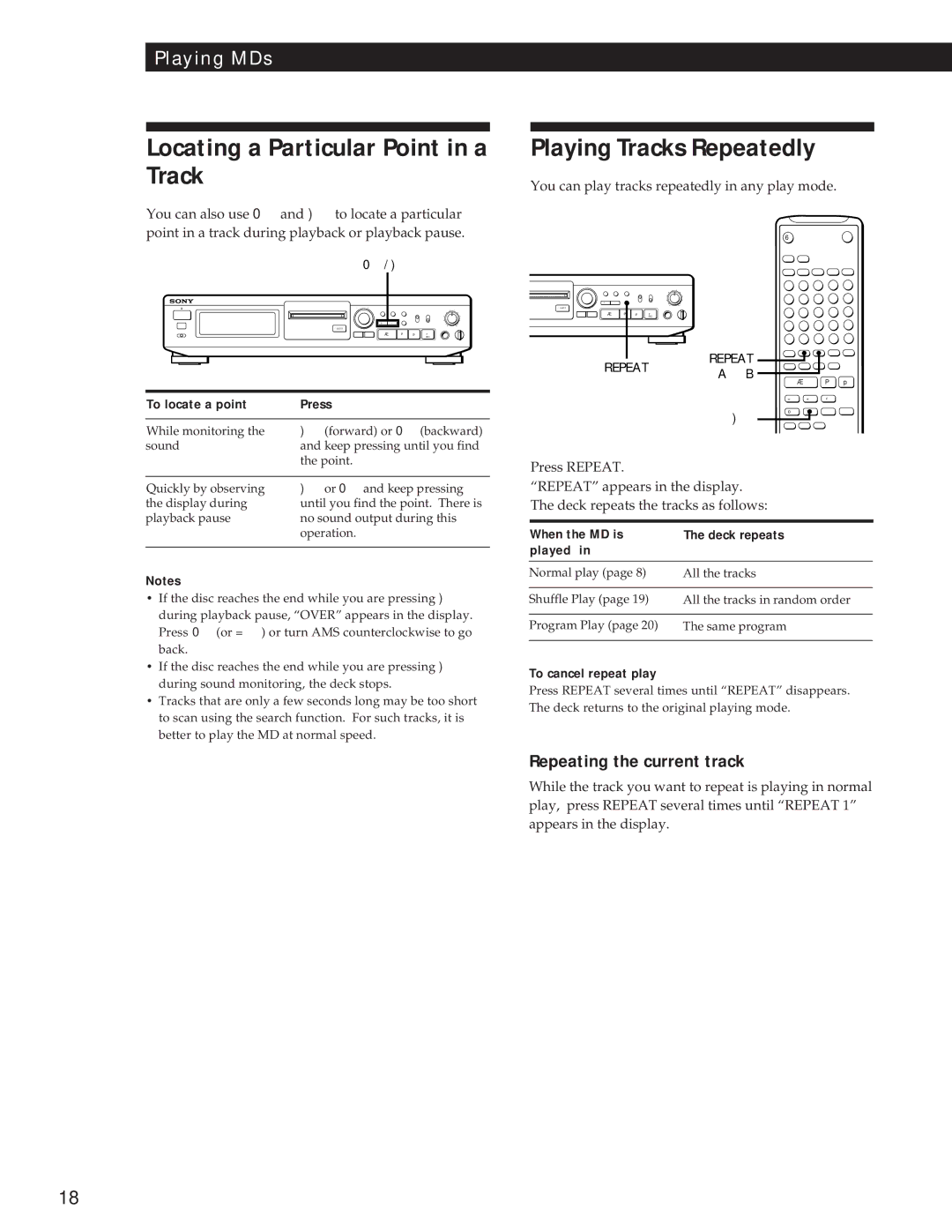 Sony MDS-JE500 Locating a Particular Point in a Track, Playing Tracks Repeatedly, Repeating the current track 