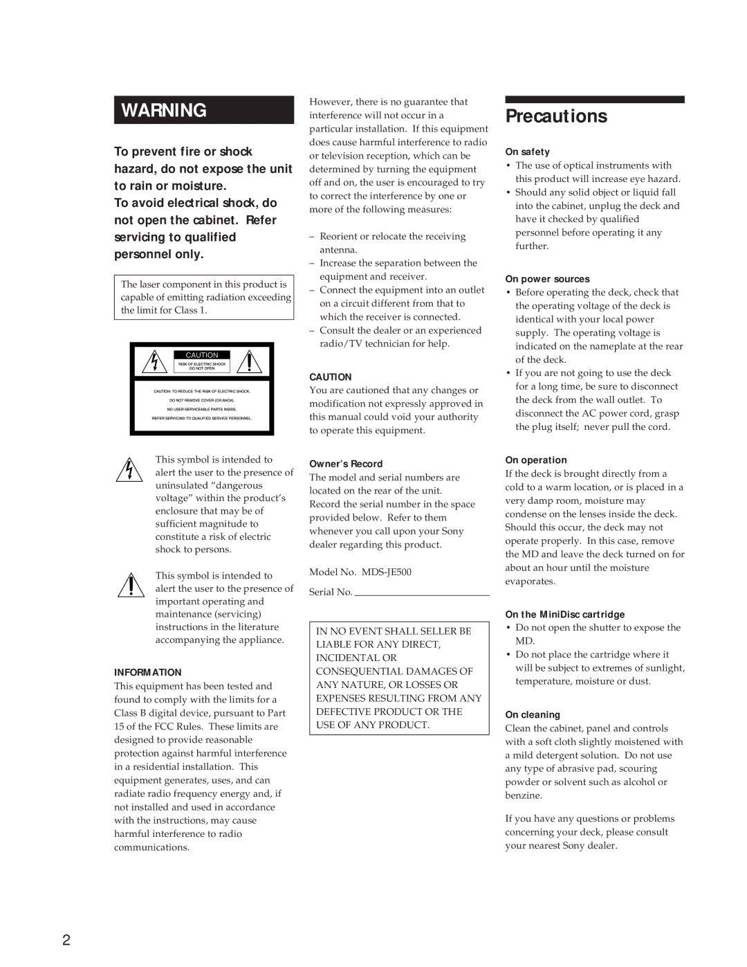 Sony MDS-JE500 operating instructions Precautions 