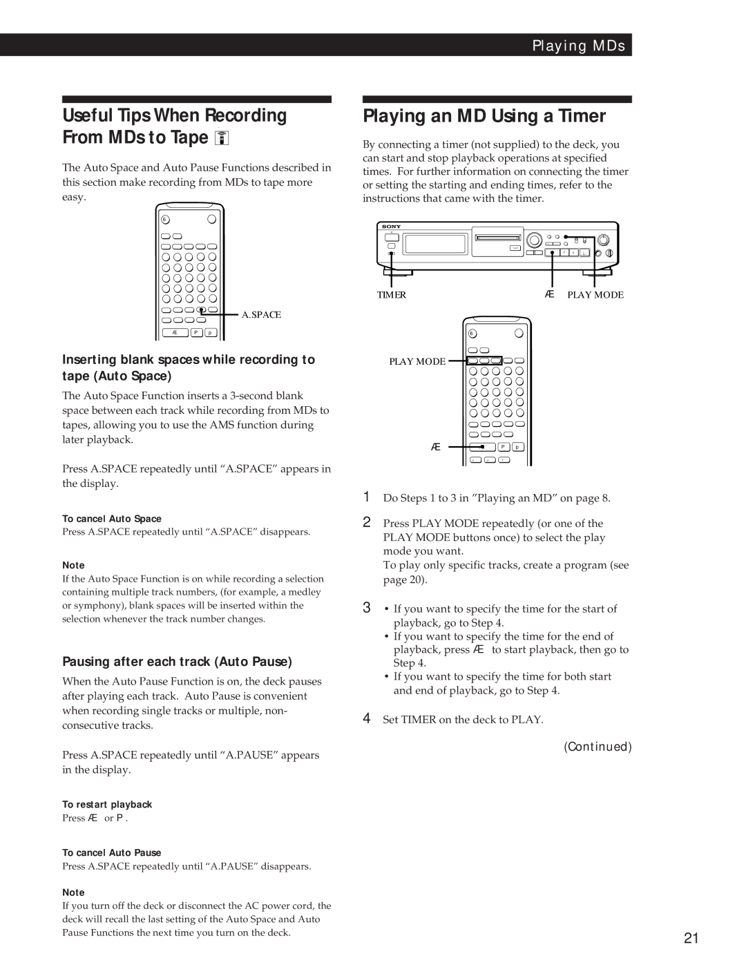Sony MDS-JE500 Playing an MD Using a Timer, Inserting blank spaces while recording to tape Auto Space 