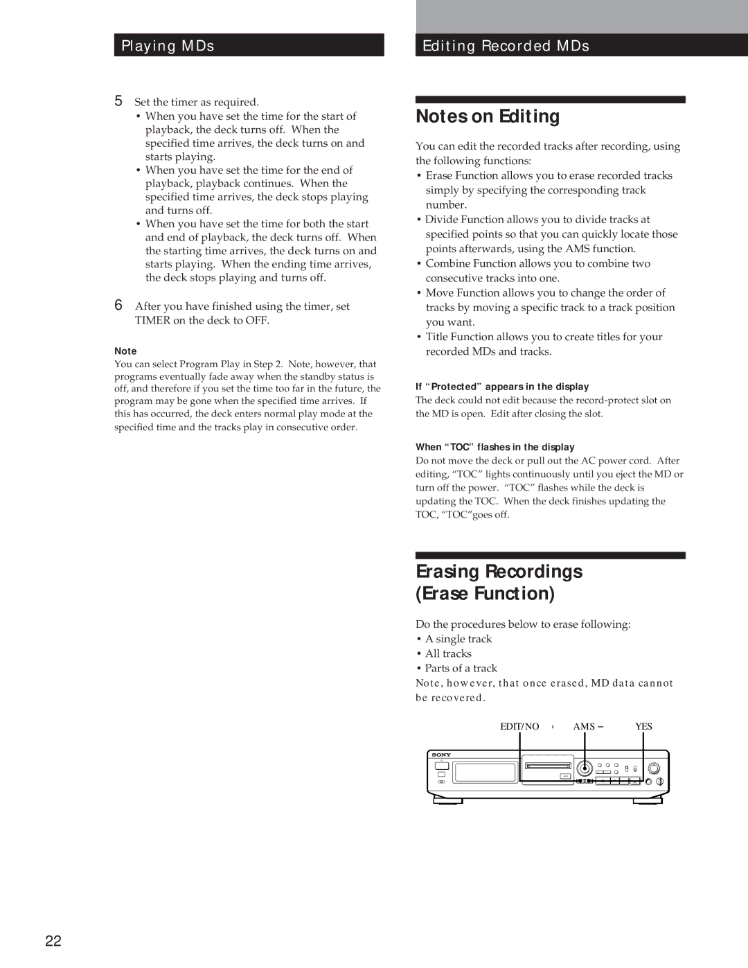 Sony MDS-JE500 operating instructions Erasing Recordings Erase Function, PlayingEdit RecordedMDs MDs 