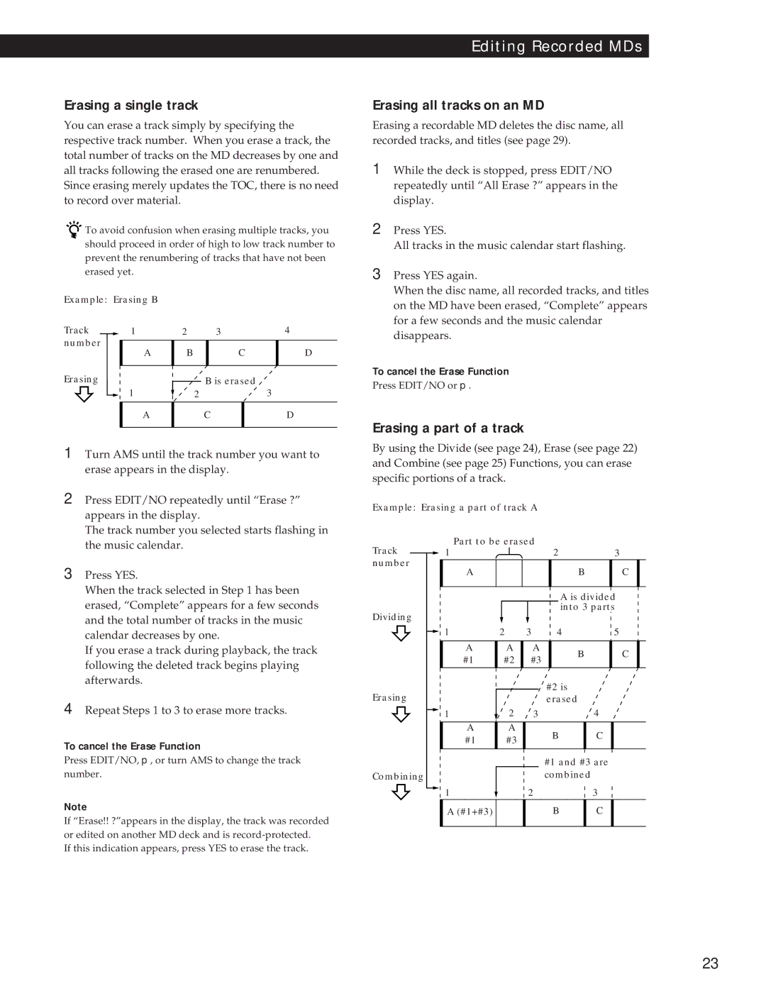 Sony MDS-JE500 operating instructions Erasing a single track, Erasing all tracks on an MD, Erasing a part of a track 