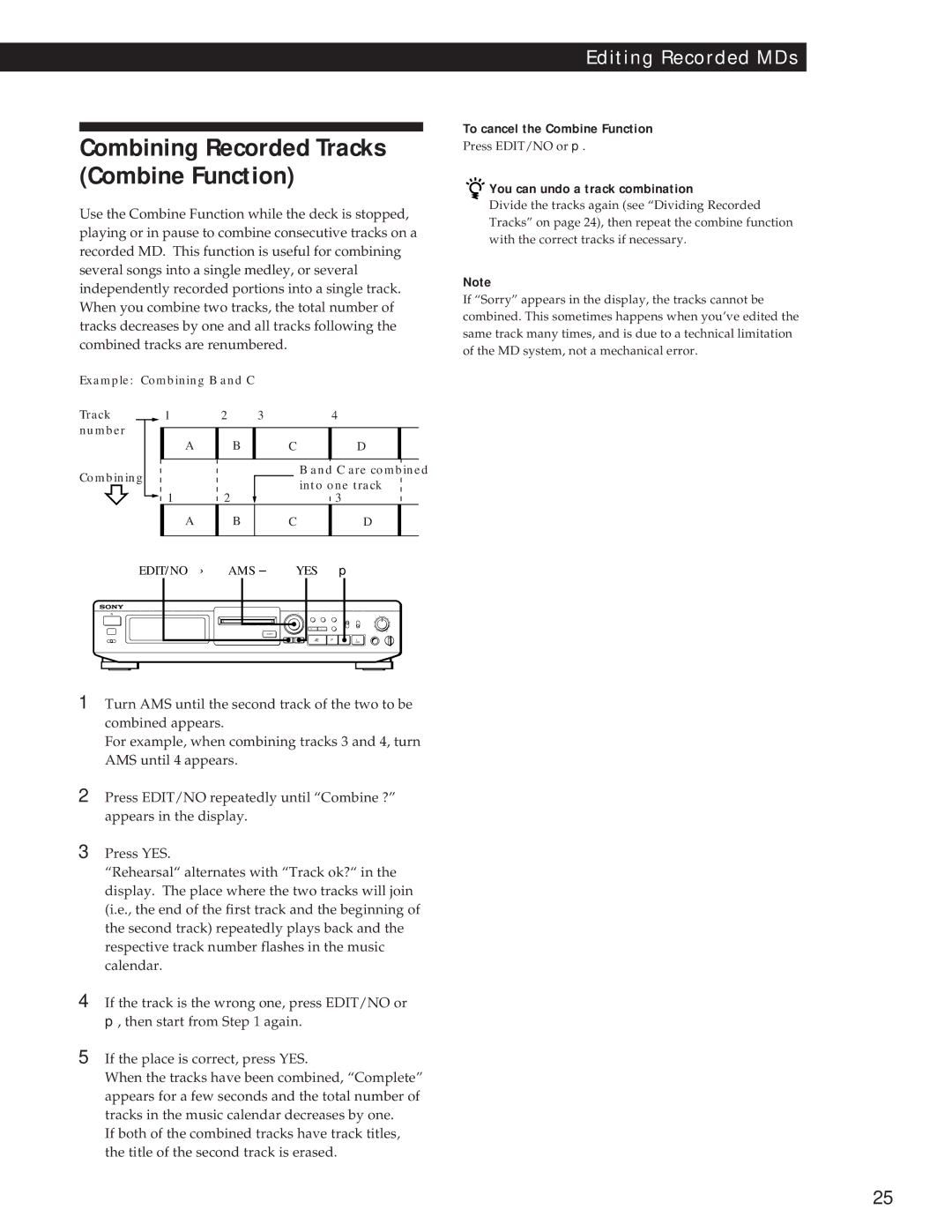 Sony MDS-JE500 operating instructions To cancel the Combine Function, You can undo a track combination 