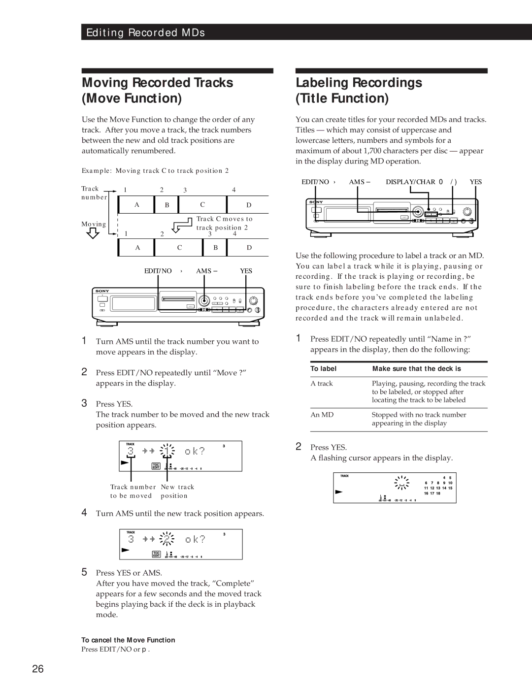 Sony MDS-JE500 Labeling Recordings Title Function, To cancel the Move Function, To label Make sure that the deck is 