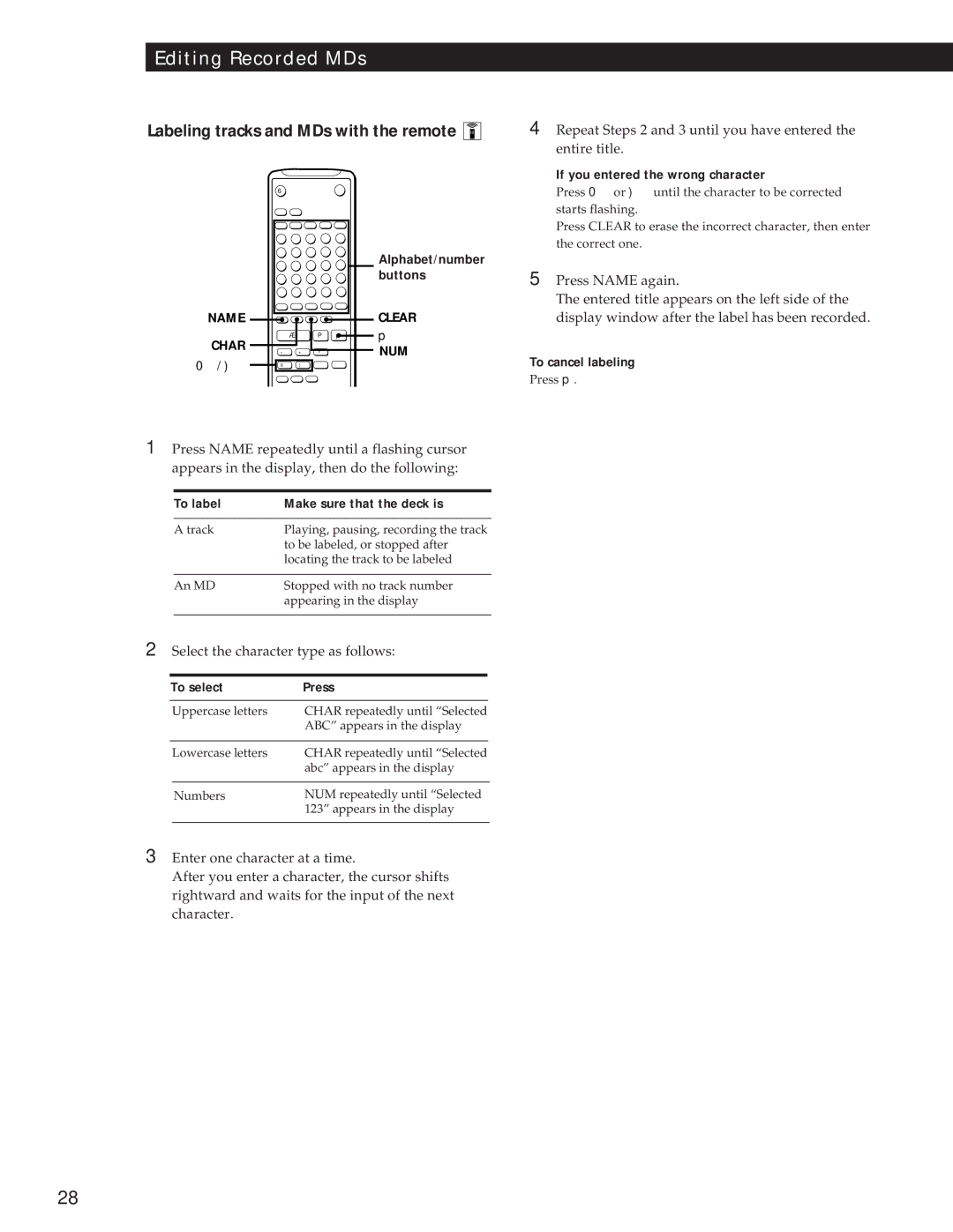 Sony MDS-JE500 operating instructions Labeling tracks and MDs with the remote, To select Press 