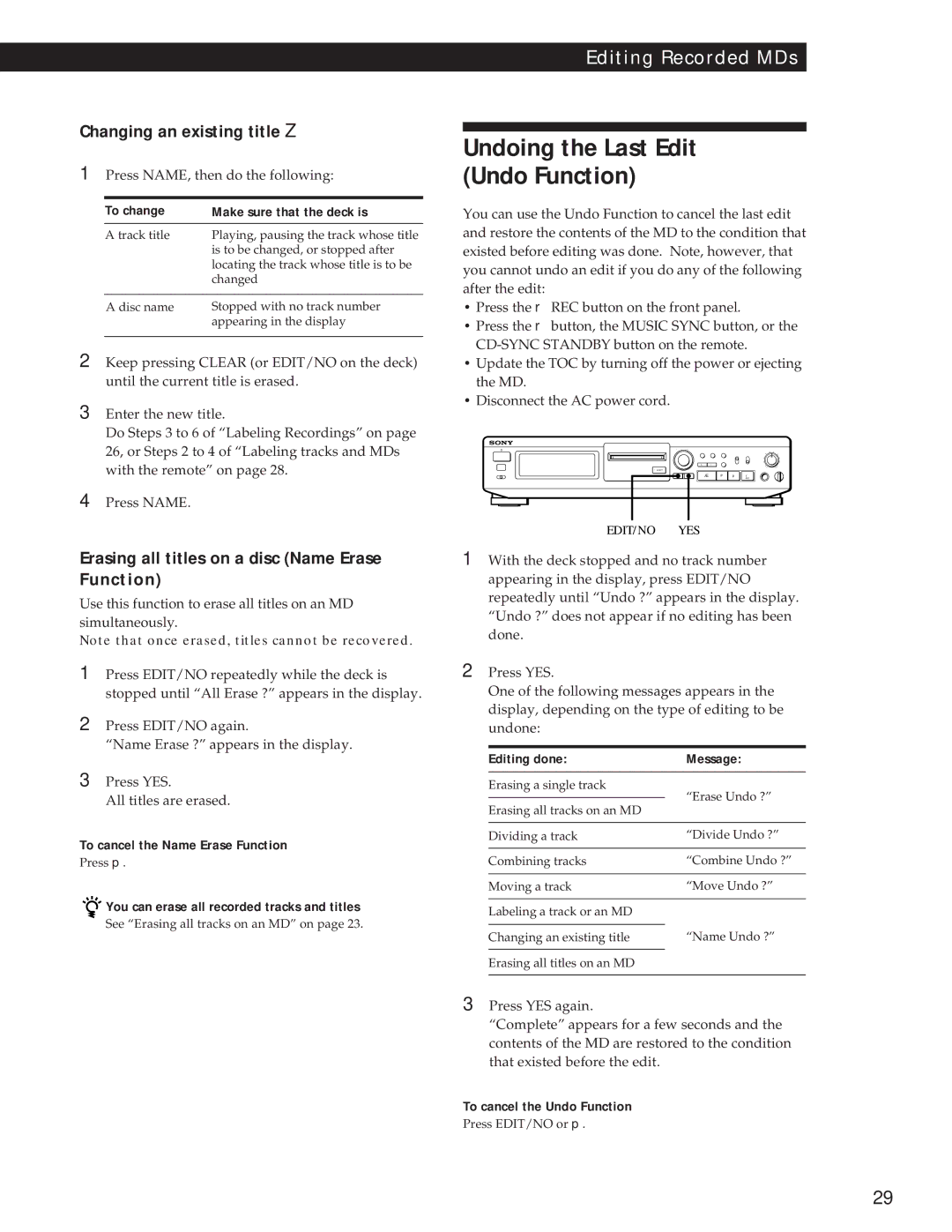 Sony MDS-JE500 operating instructions Changing an existing title Z, Erasing all titles on a disc Name Erase Function 