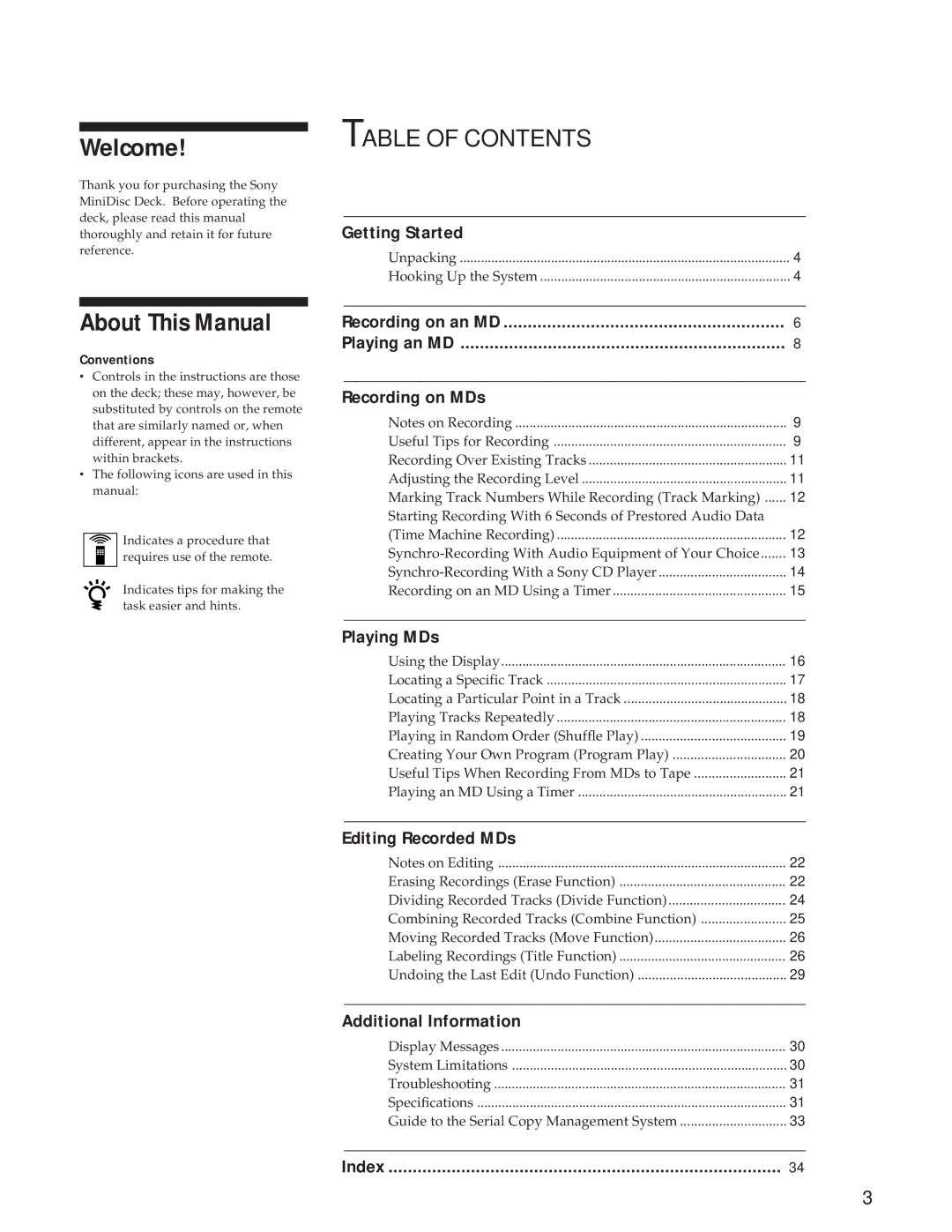 Sony MDS-JE500 operating instructions Welcome, About This Manual 