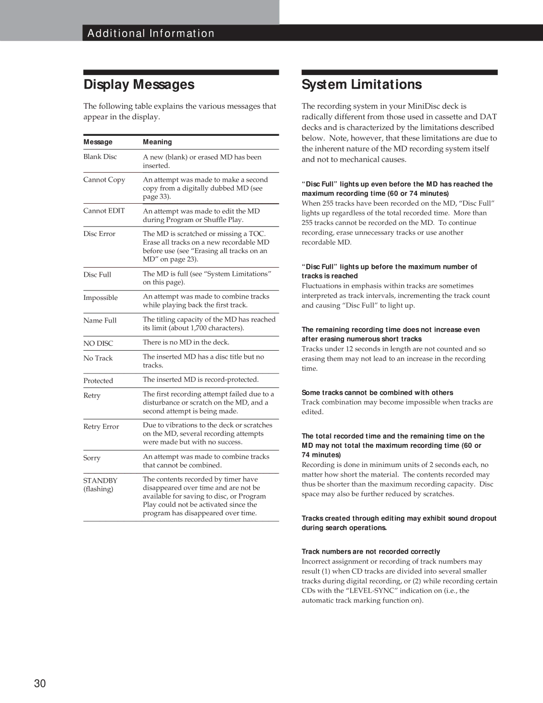 Sony MDS-JE500 Display Messages, System Limitations, Message Meaning, Some tracks cannot be combined with others 