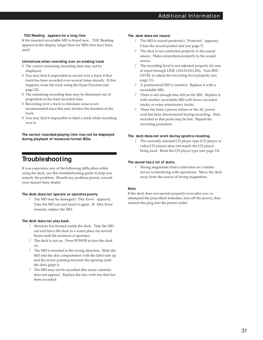 Sony MDS-JE500 operating instructions Troubleshooting 