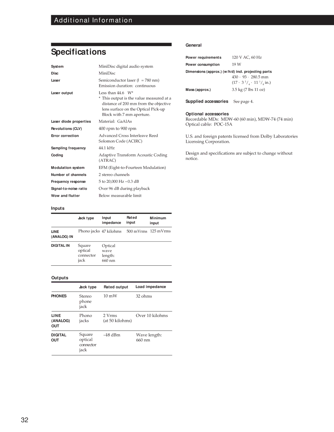 Sony MDS-JE500 operating instructions Specifications, Inputs, Outputs, General, Optional accessories 