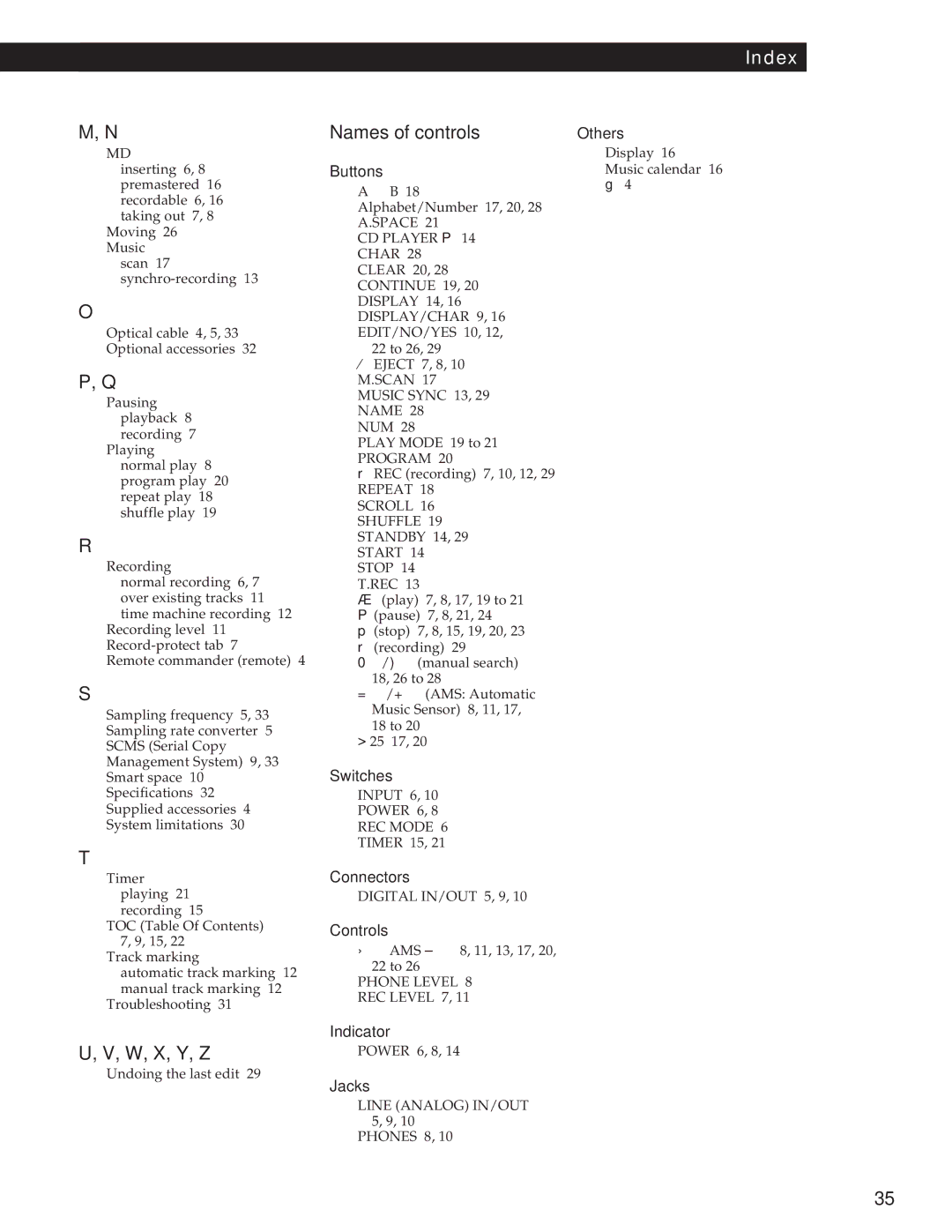 Sony MDS-JE500 operating instructions W, X, Y, Z, Names of controls 