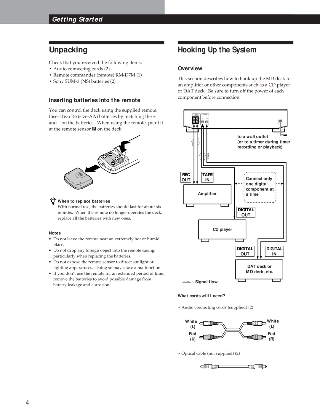 Sony MDS-JE500 operating instructions Unpacking, Hooking Up the System, Inserting batteries into the remote, Overview 