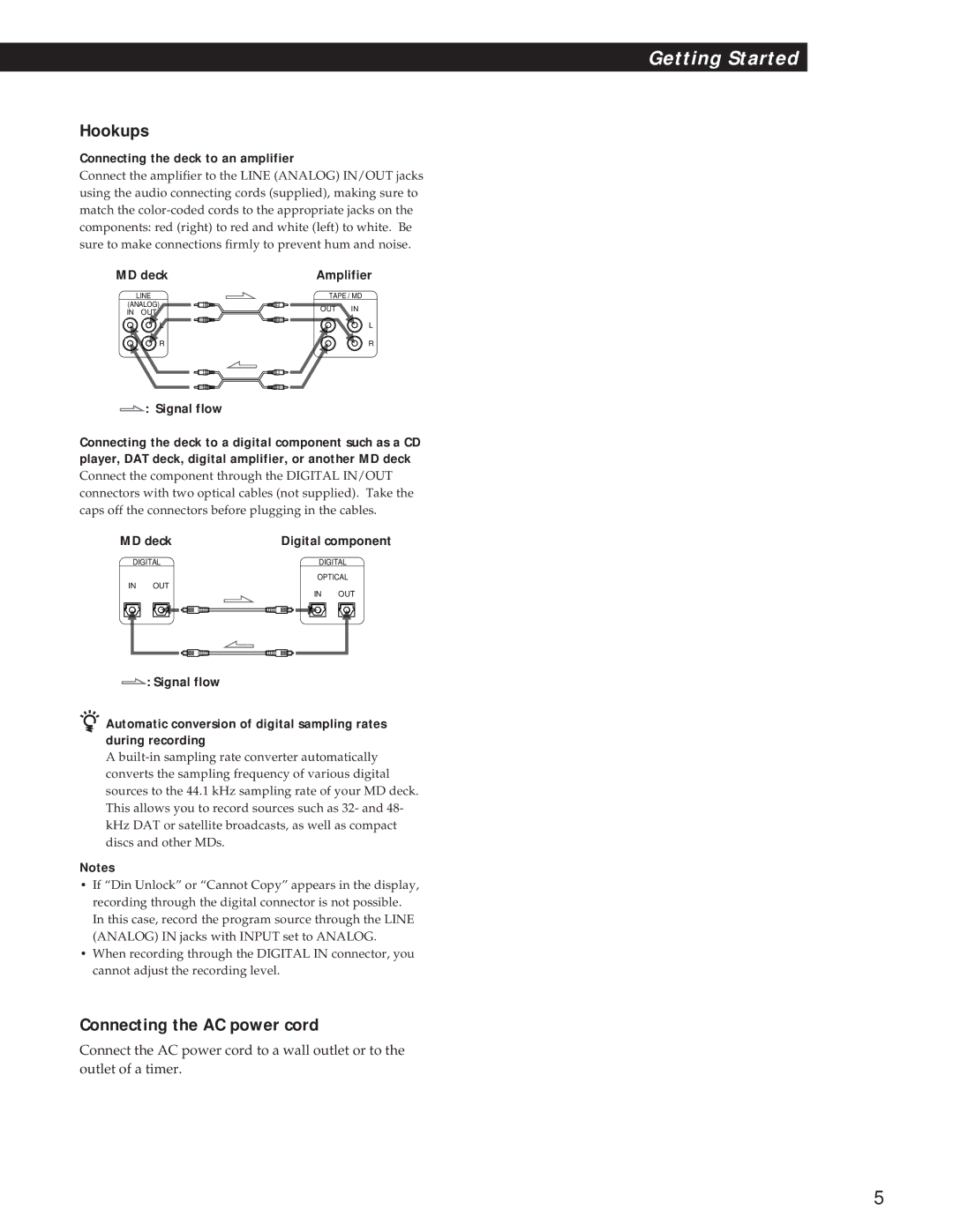 Sony MDS-JE500 operating instructions Hookups, Connecting the AC power cord, Connecting the deck to an amplifier 