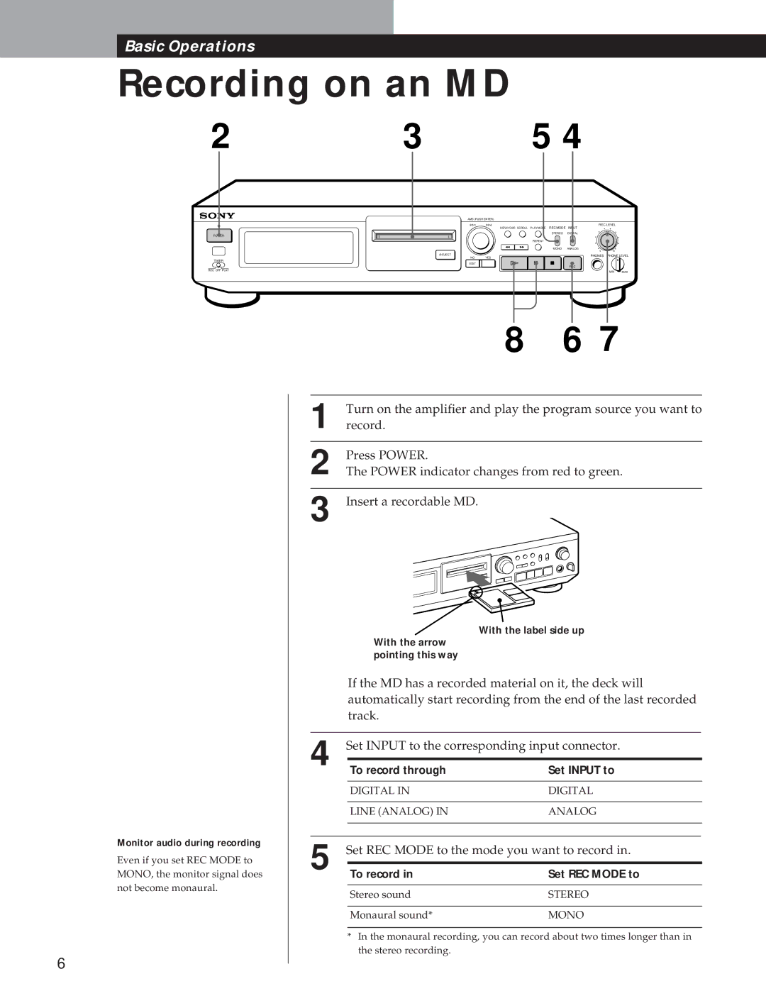 Sony MDS-JE500 operating instructions To record through Set Input to, To record Set REC Mode to 