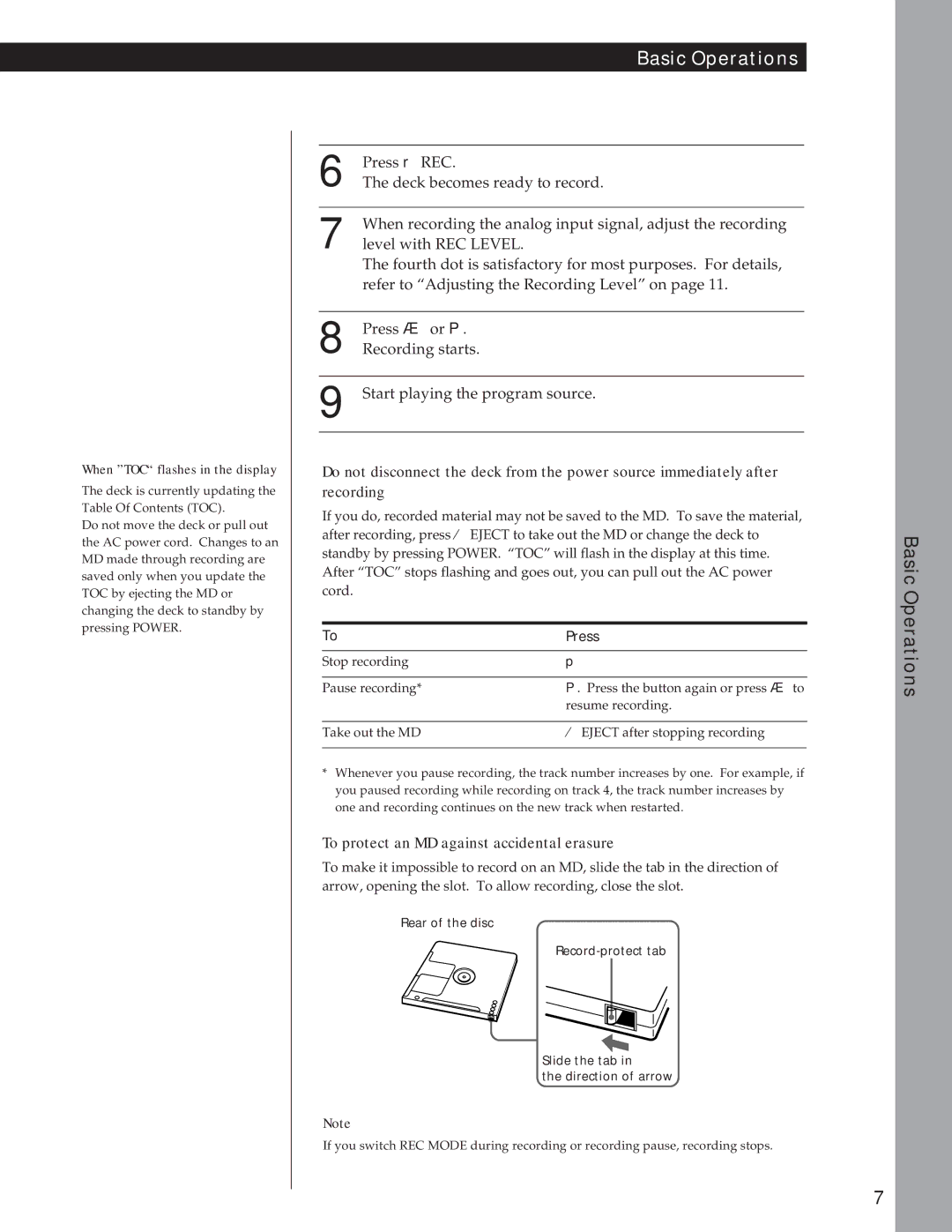 Sony MDS-JE500 operating instructions Press, When TOC flashes in the display 