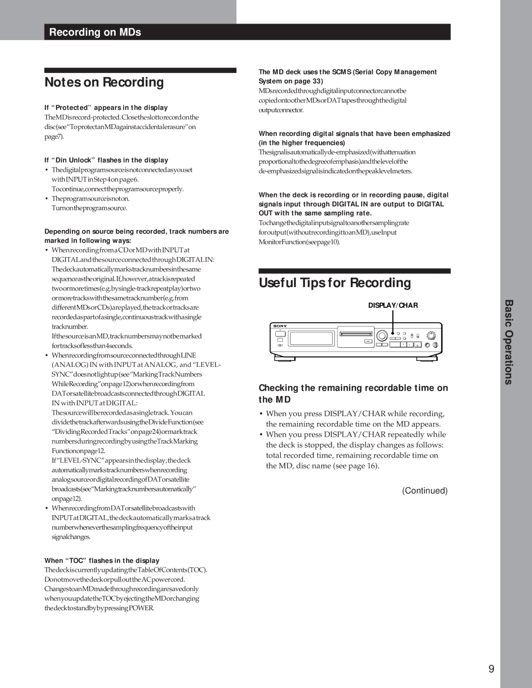 Sony MDS-JE500 operating instructions Useful Tips for Recording, Checking the remaining recordable time on the MD 