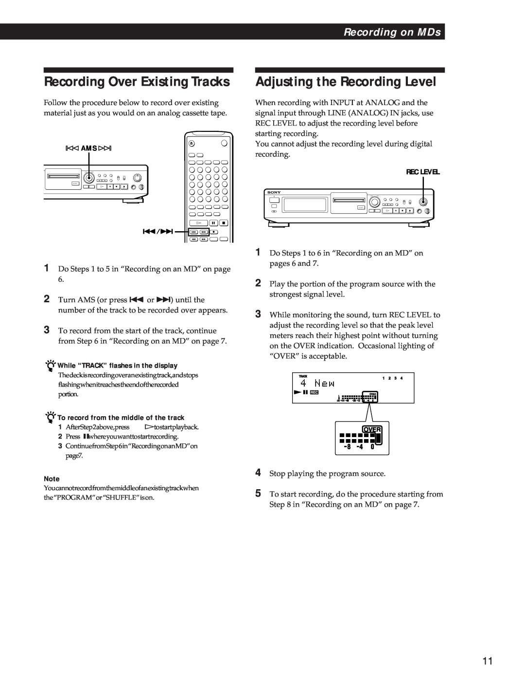Sony MDS-JE500 operating instructions Recording Over Existing Tracks, Adjusting the Recording Level, Recording on MDs 