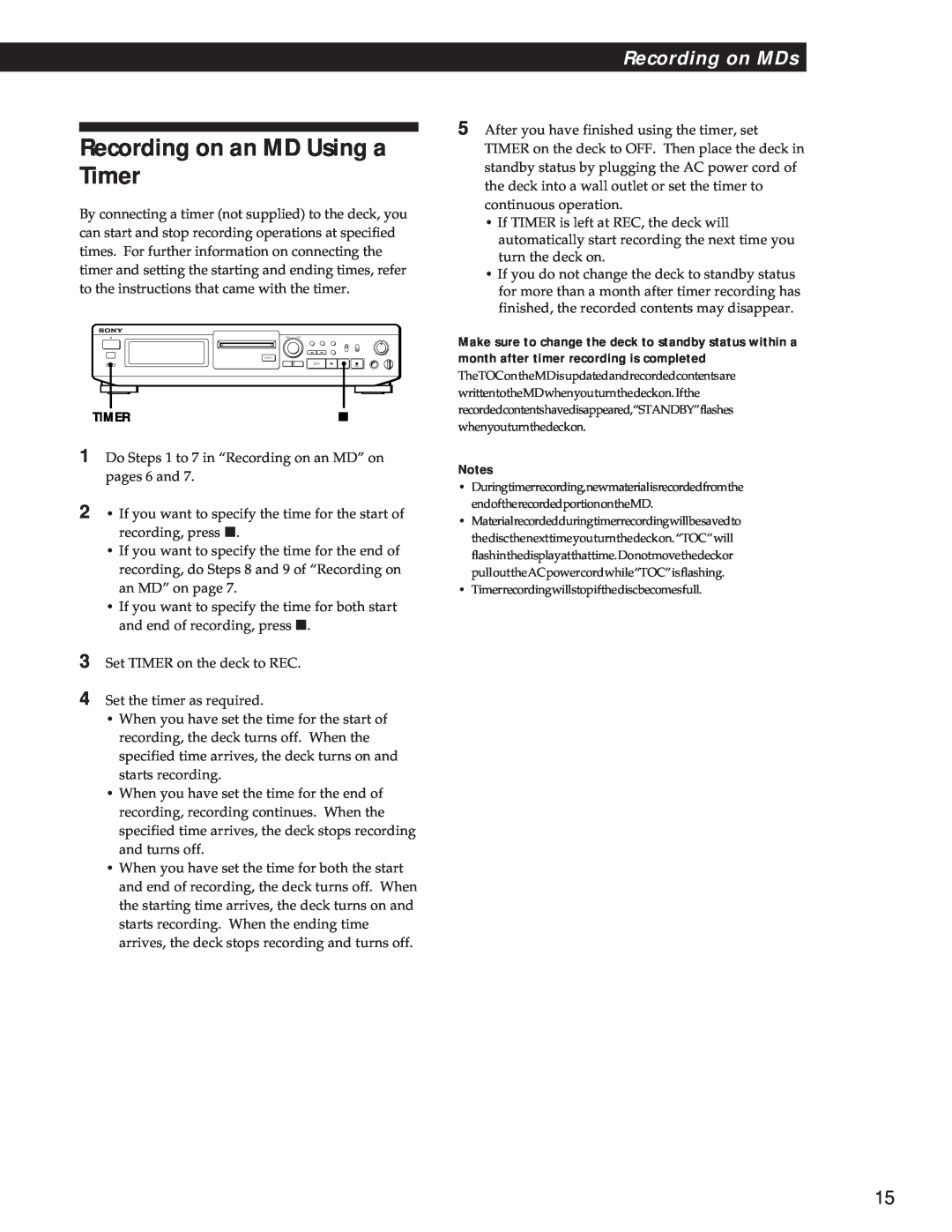 Sony MDS-JE500 operating instructions Recording on an MD Using a Timer, Recording on MDs 