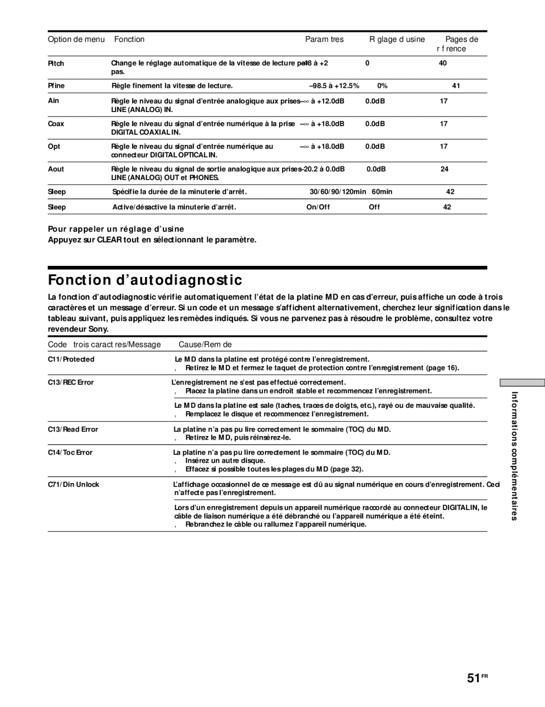 Sony MDS-JE530 manual Fonction d’autodiagnostic, 51FR, Pour rappeler un réglage d’usine 