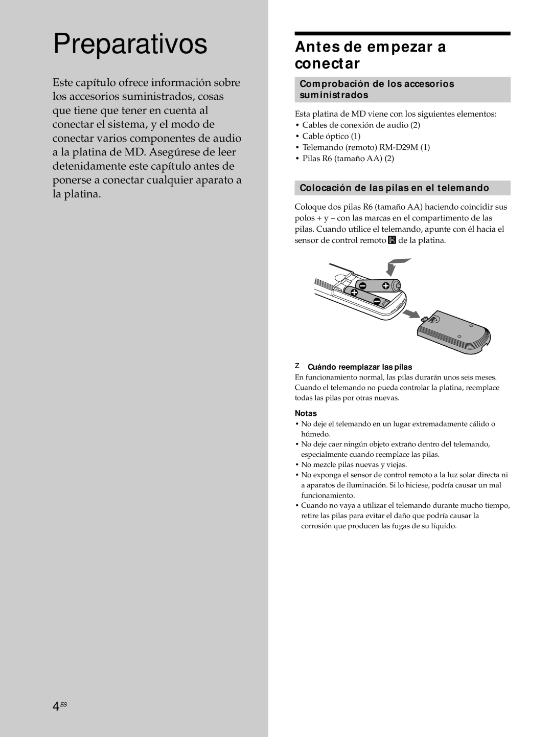 Sony MDS-JE530 manual Preparativos, Antes de empezar a conectar, Comprobación de los accesorios Suministrados 