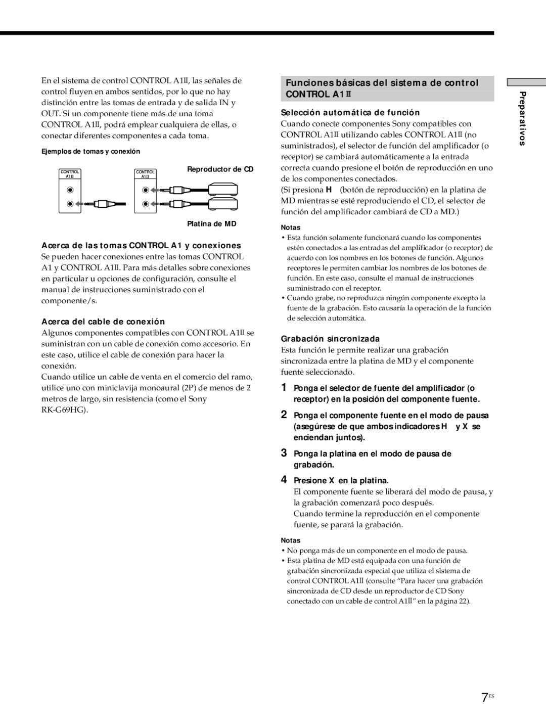 Sony MDS-JE530 manual Funciones básicas del sistema de control, Acerca de las tomas Control A1 y conexiones 