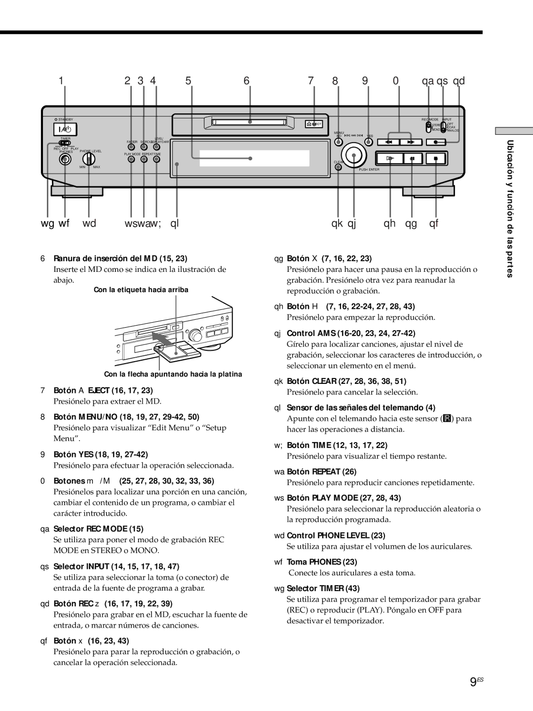 Sony MDS-JE530 Ubicación y función de las Ranura de inserción del MD 15, Botón a Eject 16, 17, Botón YES 18, 19, Partes 