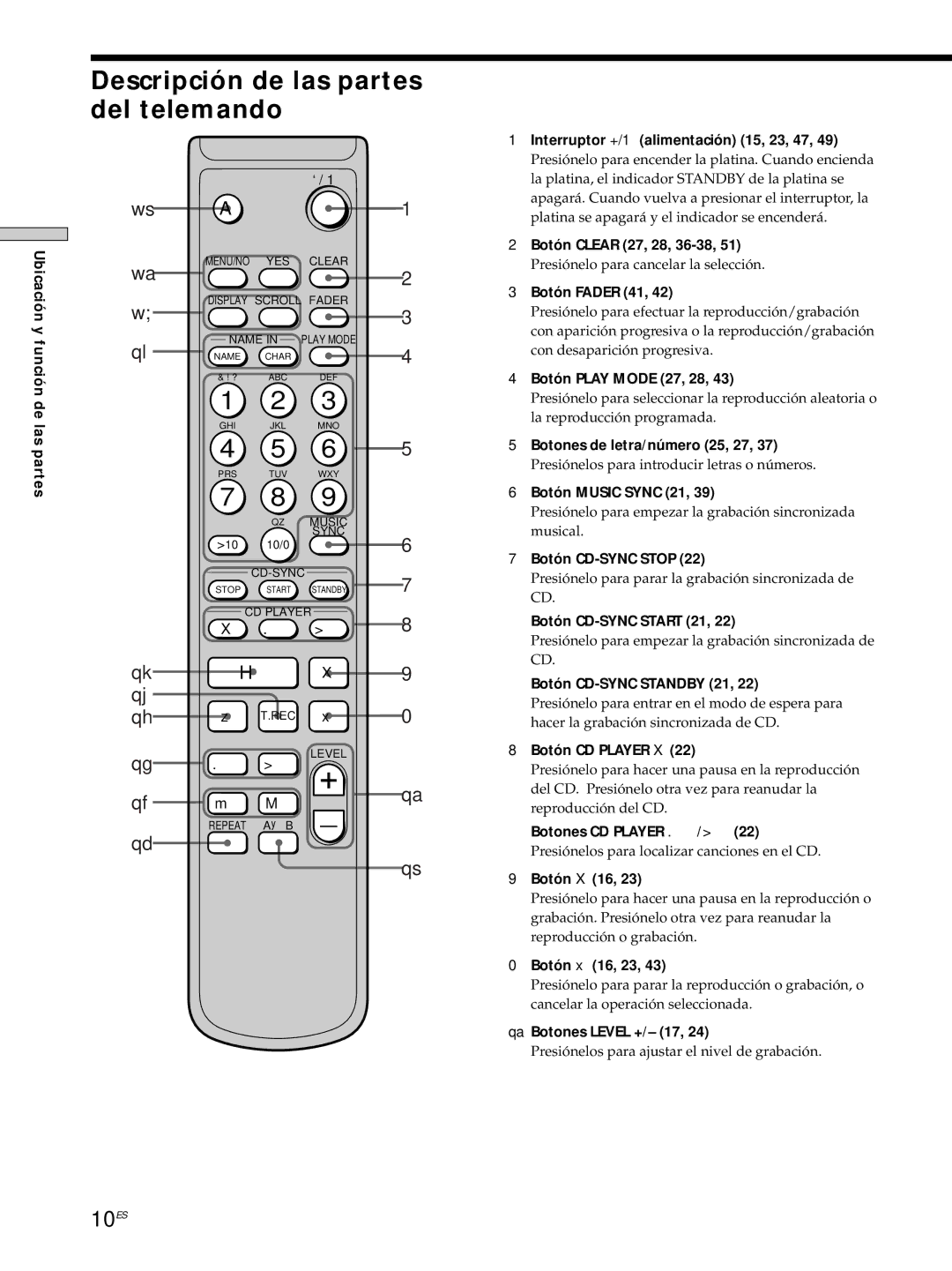 Sony MDS-JE530 manual Descripción de las partes del telemando, 10ES 