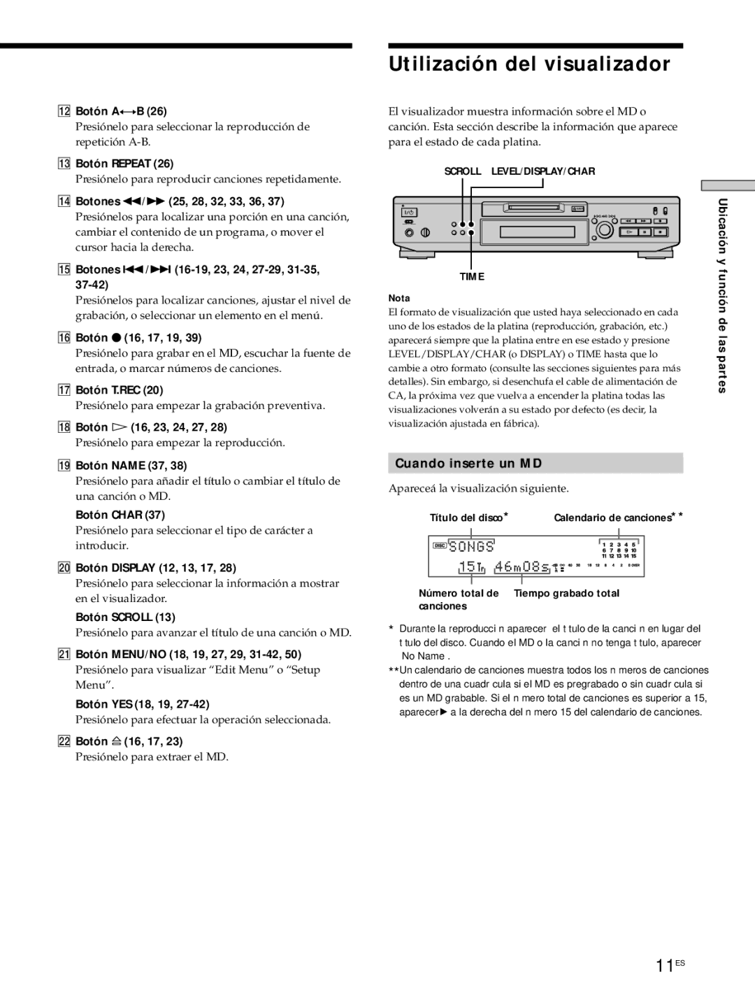 Sony MDS-JE530 manual Utilización del visualizador, 11ES, Cuando inserte un MD 