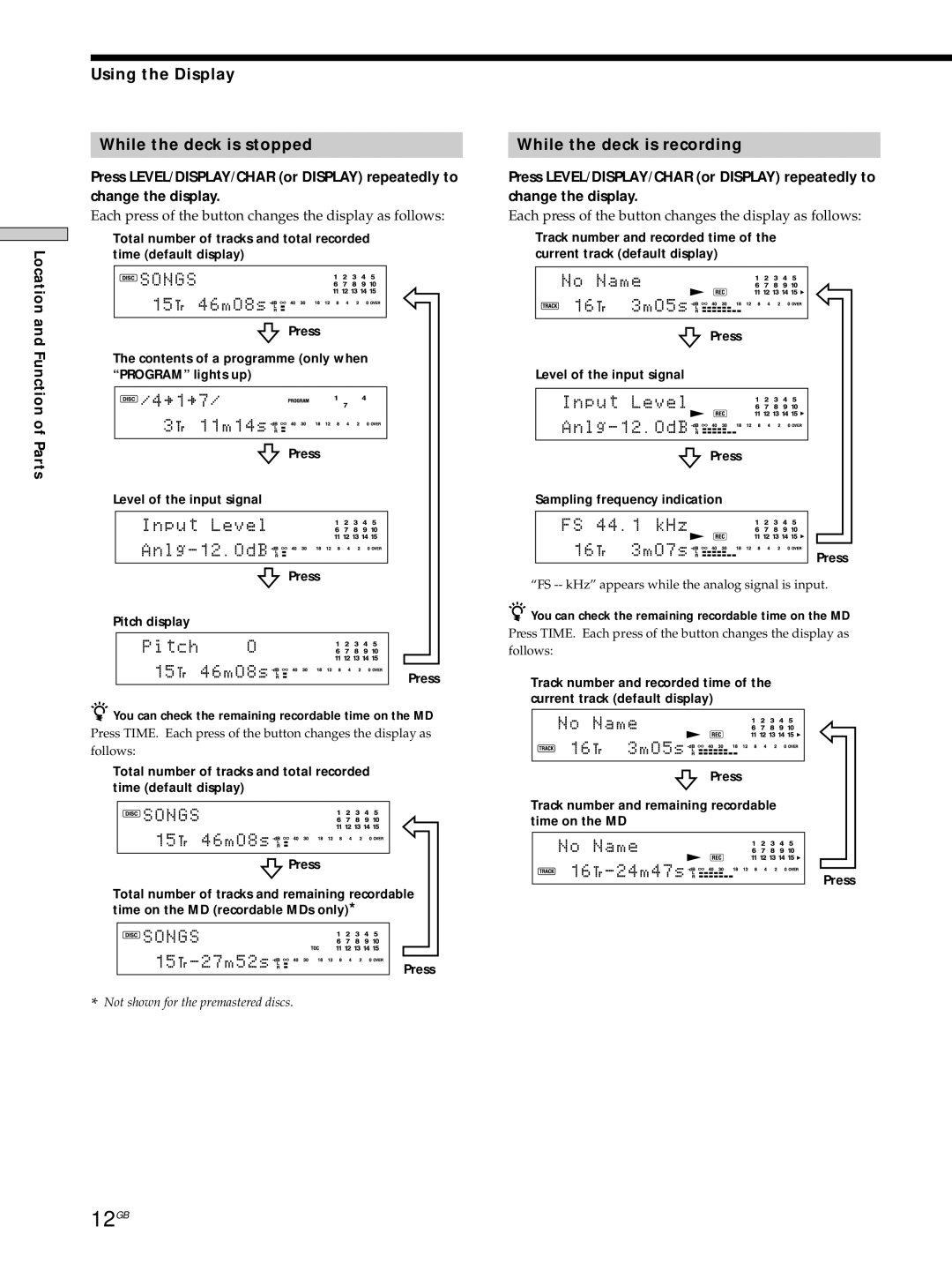 Sony MDS-JE530 manual 12GB, Using the Display While the deck is stopped, While the deck is recording 